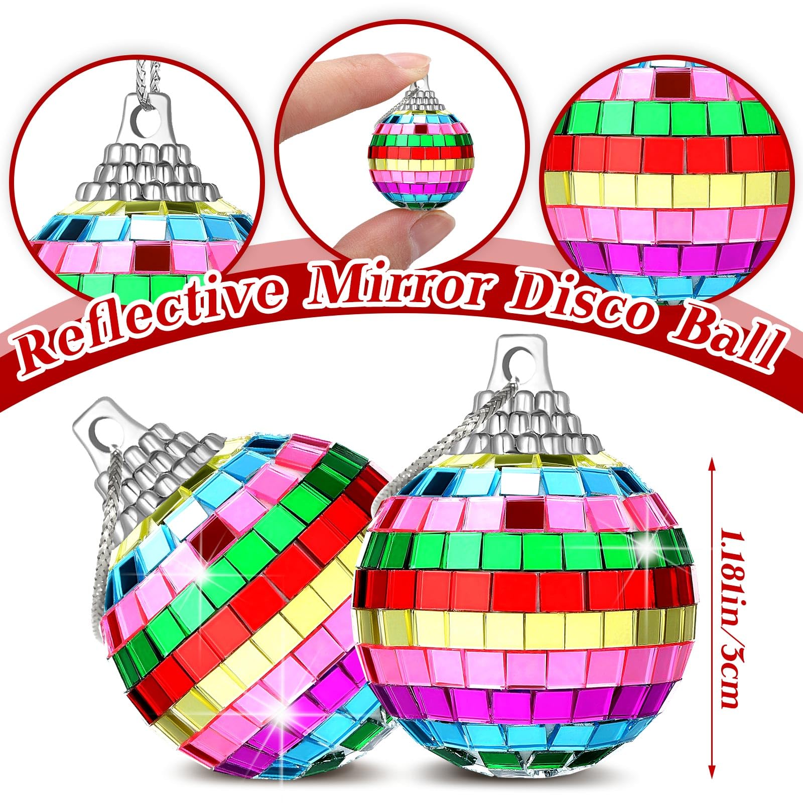 BBTO Mini Christmas Disco Balls - 24 Pieces, 1.18 Inch, Colorful Glass Hanging Decorations for Party and Tree Decor