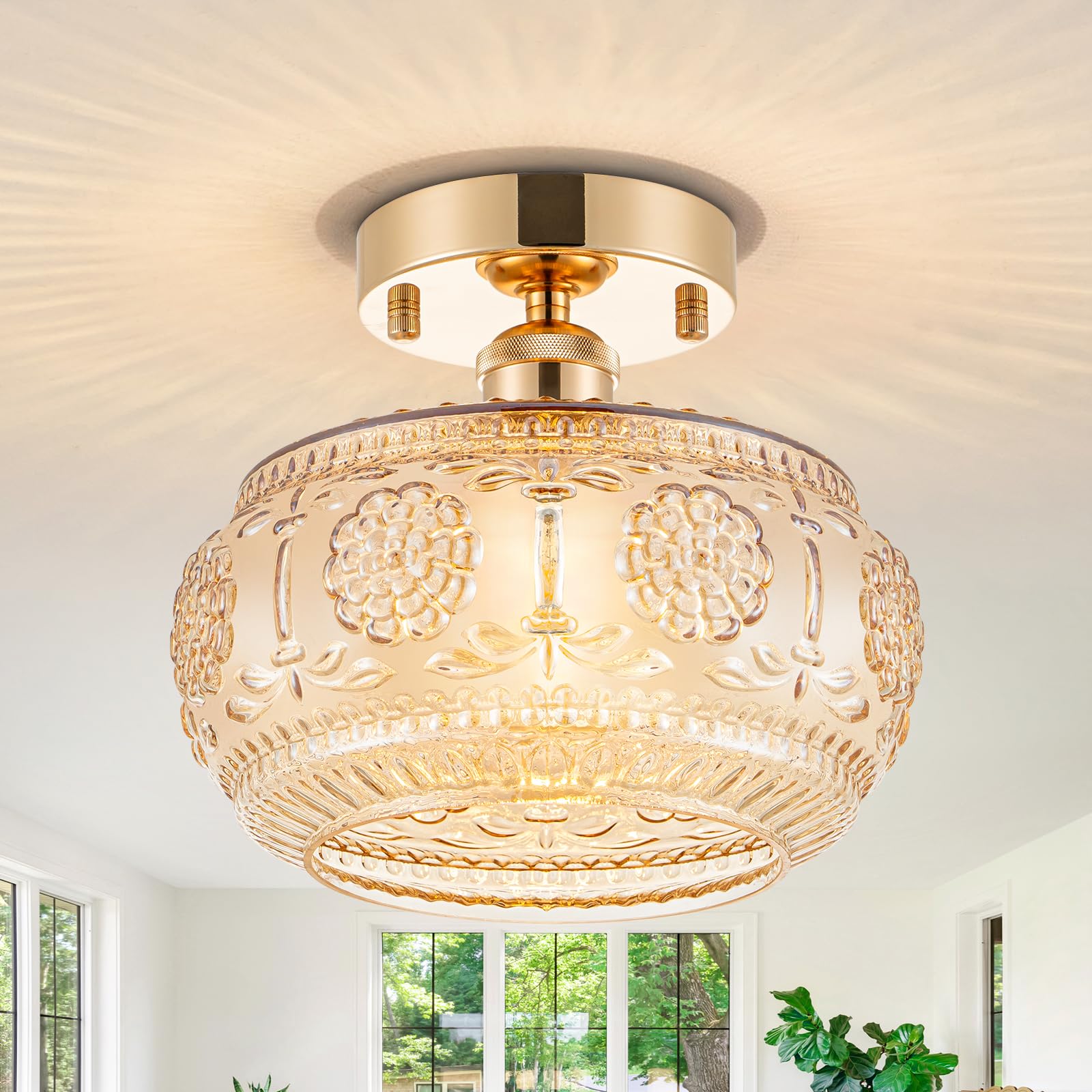 Tbaoinla Semi Flush Mount Ceiling Light - French Gold Finish & Amber Floral Glass Shade  Vintage Modern Lighting For Bathroom  Kitchen  Bedroom (Bulb Not Included)
