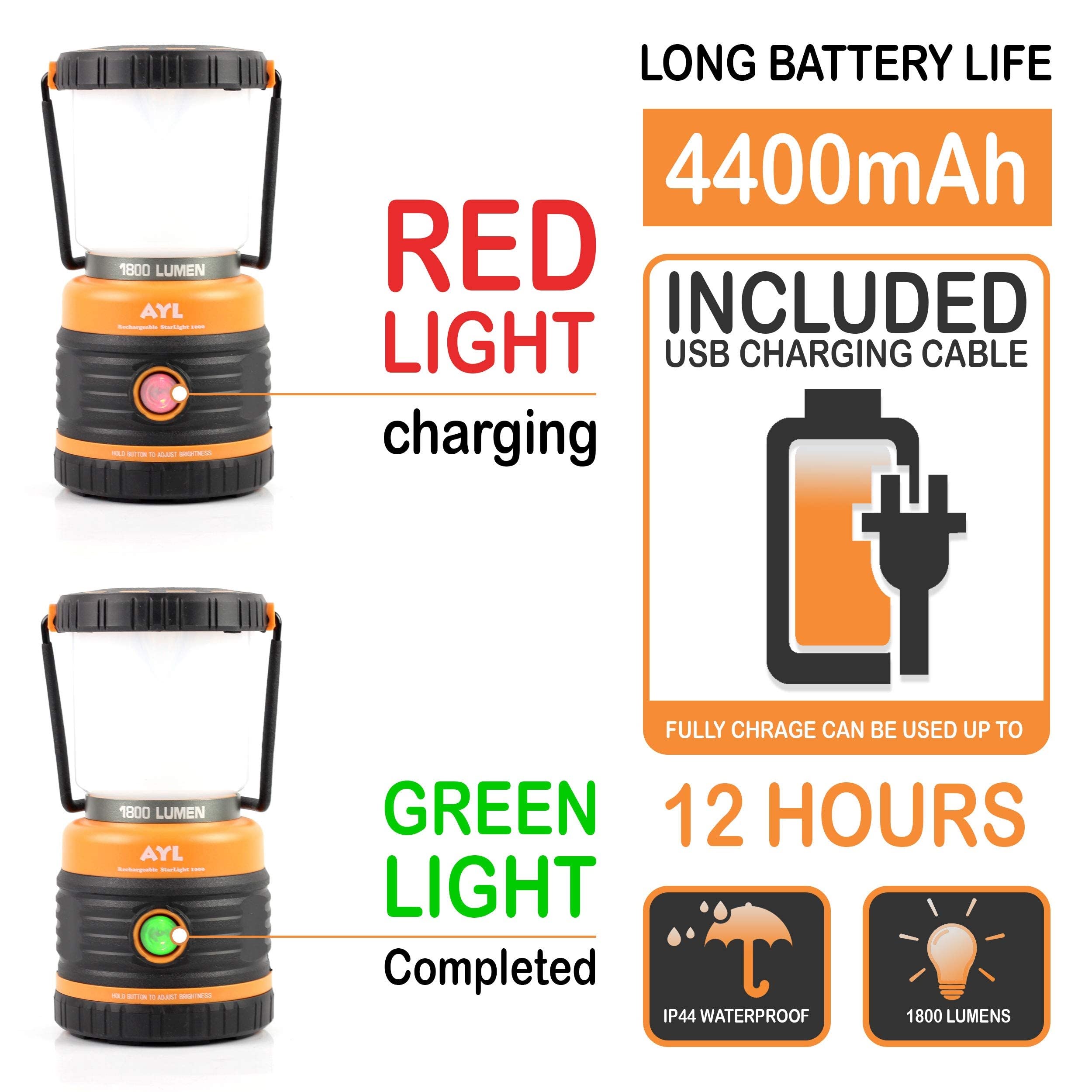 AYL LED Camping Lantern, 1800 Lumens, Rechargeable, IP44 Waterproof, Black and Orange, Model SLR1000, USB Cable Included