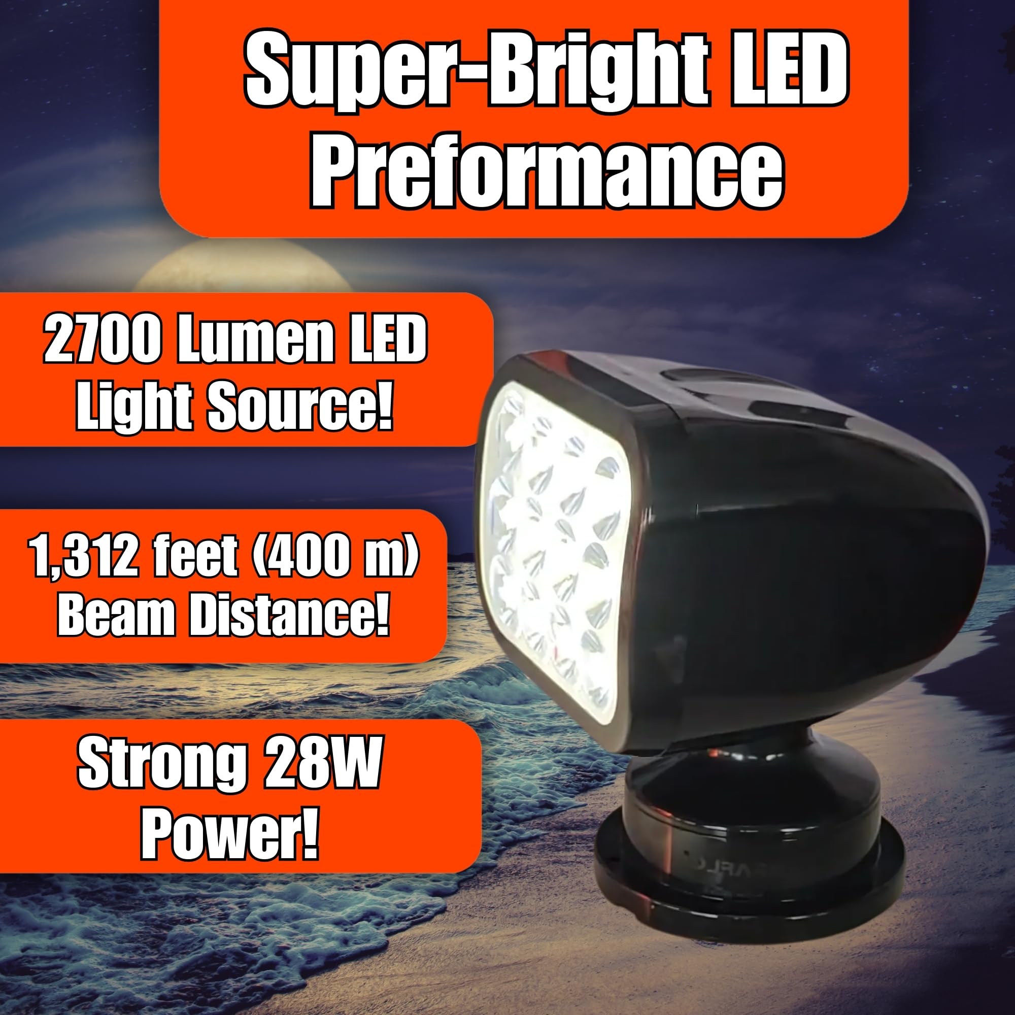 SEAFLO 360° Rotating LED Searchlight, 10-30V, IP66 Waterproof, Wired Remote, 5500K White Light, Black, Model SFSL-2700W