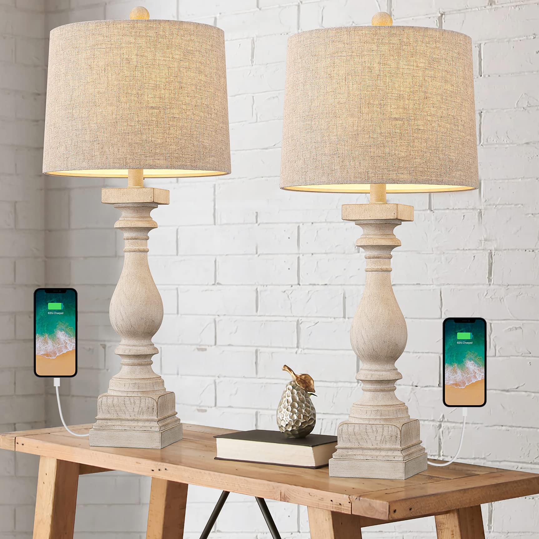 BOBOMOMO 27" Table Lamp Set of 2 with USB Charging Ports, Antique Washed White, Linen Shade, Model AMZ-T279USB-WW