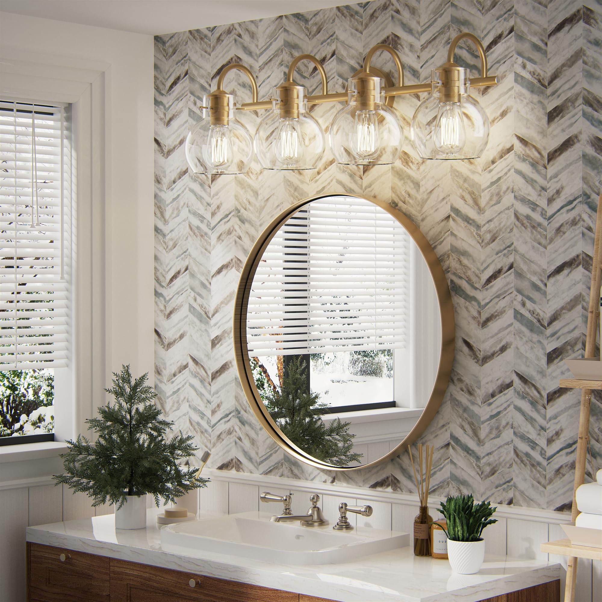 Primeplus 4-Light Gold Bathroom Vanity Light Fixtures, 24 Inch Bathroom Light Fixtures Over Mirror With Clear Glass Shade Wall Mounted Sconces Lighting For Bathroom, Living Room, Hallway, E26 Base