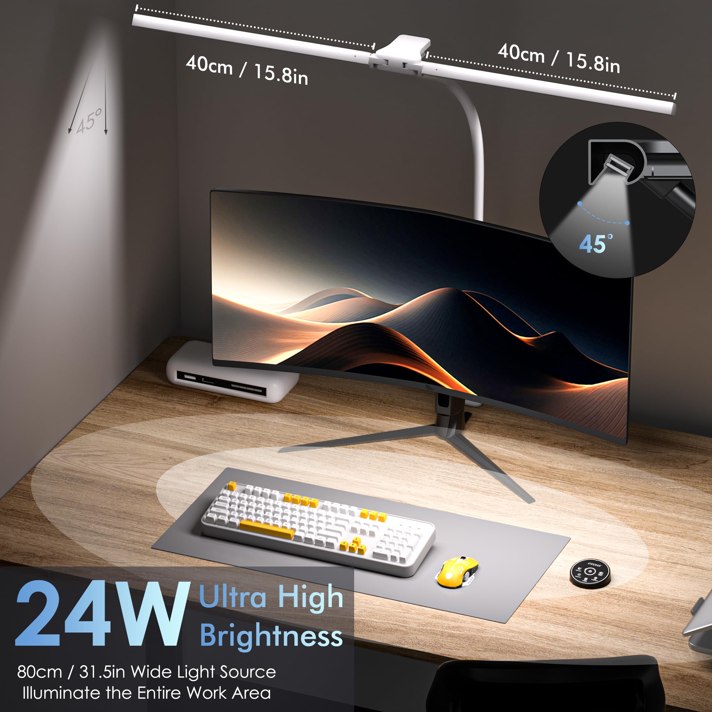 EYOCEAN LED Desk Lamp with Clamp, 31.5in, 24W, Dimmable, Remote Control, White, Model CLED-6601C