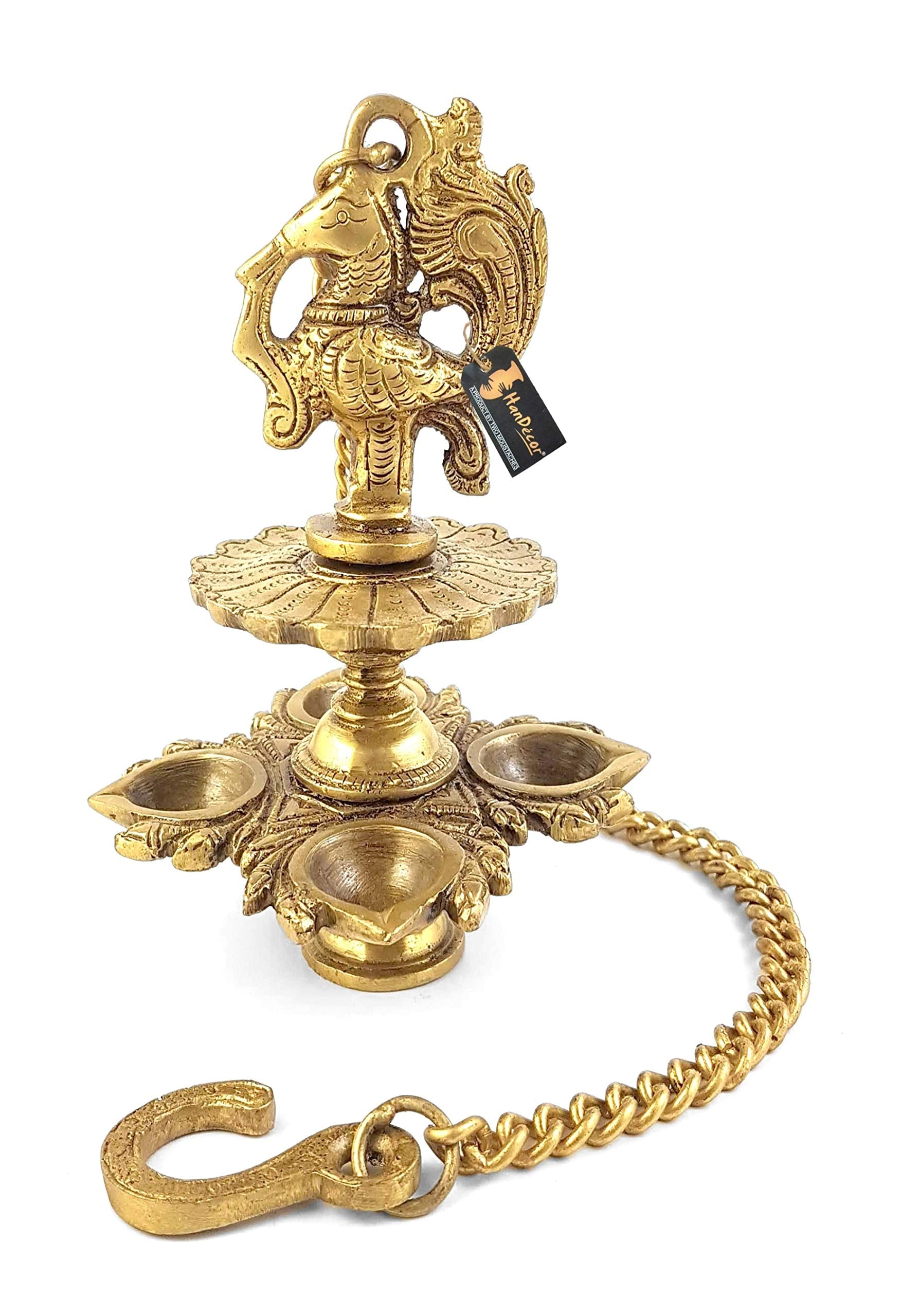 Two Moustaches Handmade Peacock Design 4 Oil Wick Brass Hanging Diya for Home Decor, Temple Decor, Diya for Puja, House Warming