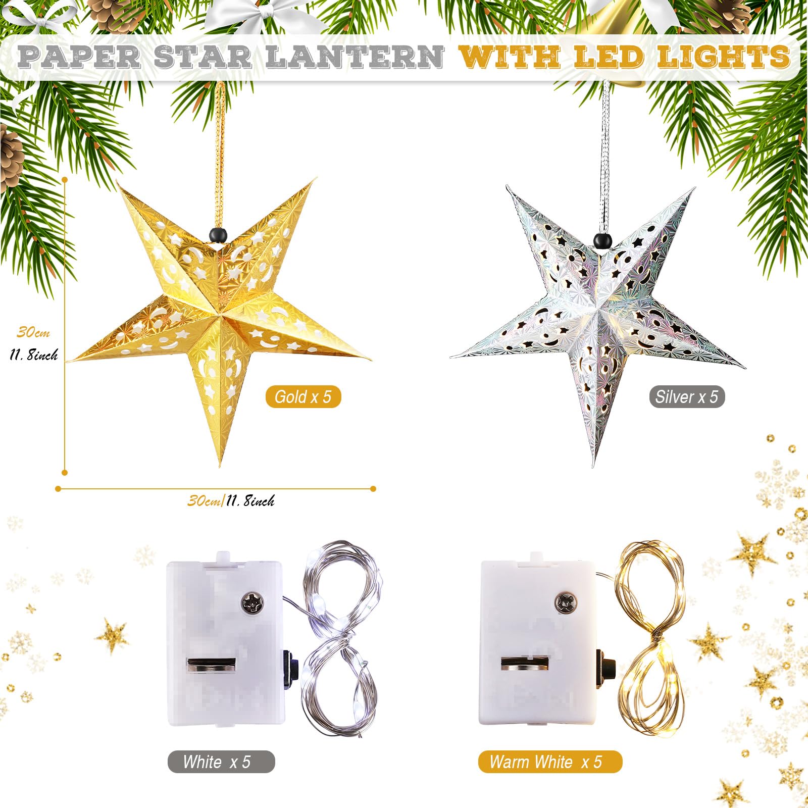 Zhanmai 10 Pcs 3D Christmas Paper Star Lanterns with 20 LED Lights - Gold & Silver Hanging Decoration for Home Decor
