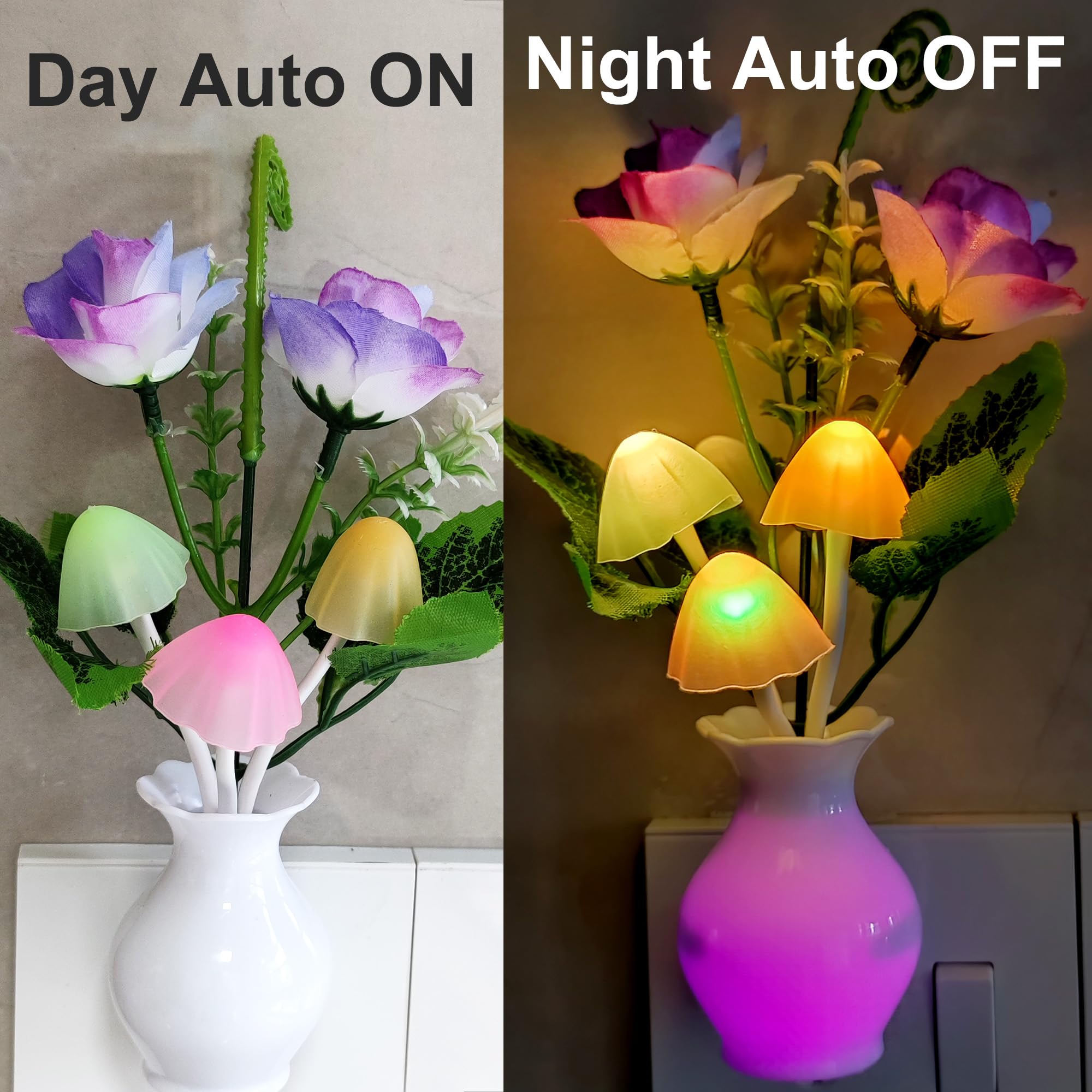 Ausaye Color-Changing Led Night Light, 1Pack Plug In Dusk-To-Dawn,Home D  Cor Lamp Dream Nightlight Purple Rose Flower Mushroom