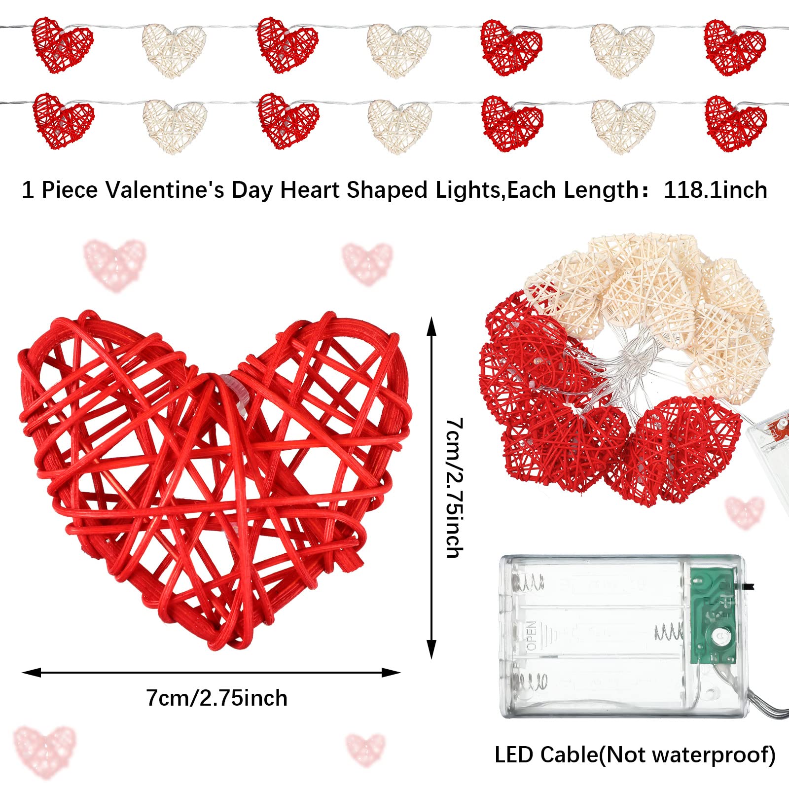 Mudder 10 Feet 20 Valentine'S Day Heart String Lights Heart Shaped Leds Garland Lights Valentines Day Decorations Rattan Vintage Decor For Indoor Outdoor Bedroom Wedding Party(1 Piece)