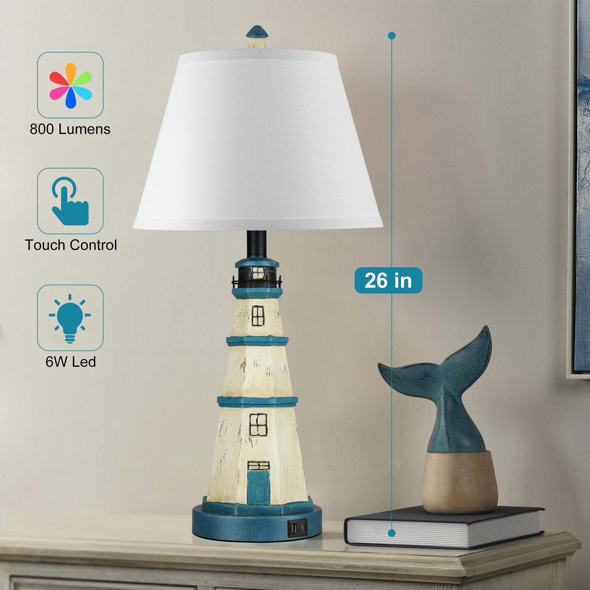 WIHTU Table Lamps Set of 2, Touch Control, 3-Way Dimmable, USB Ports, Modern White Blue, Bulbs Included, Model WTLP171BL2