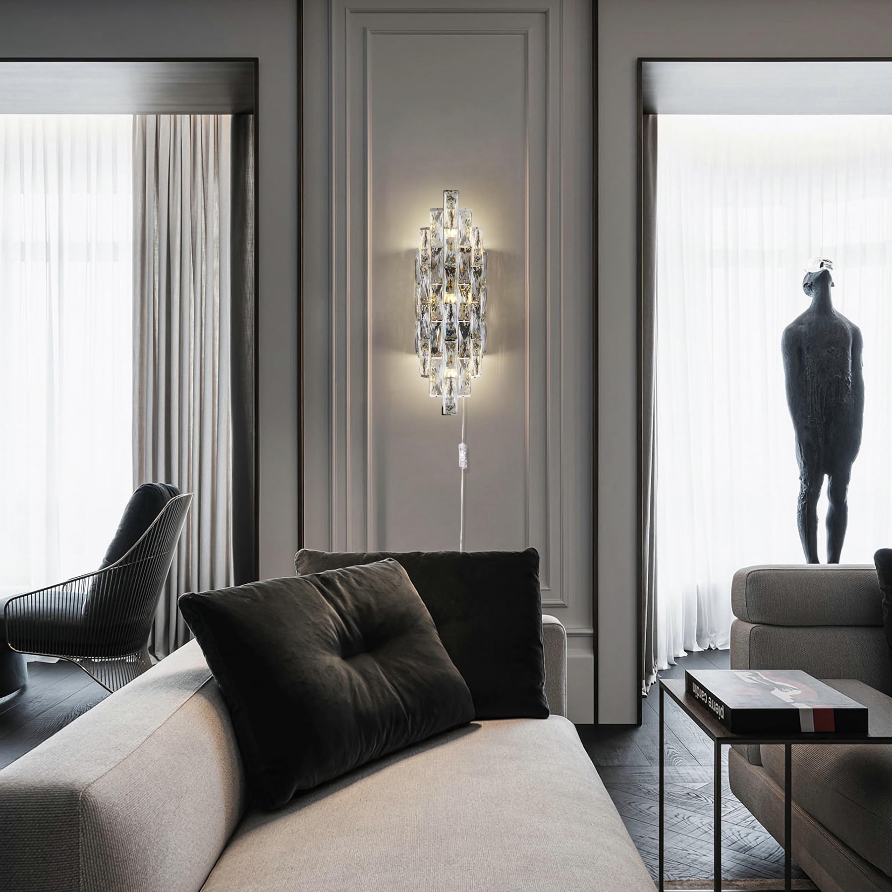 Kaiyuan Modern Crystal Wall Sconce - Chrome Plug-in Light Fixture for Bedroom, Living Room, Bathroom - BX-A10 Model