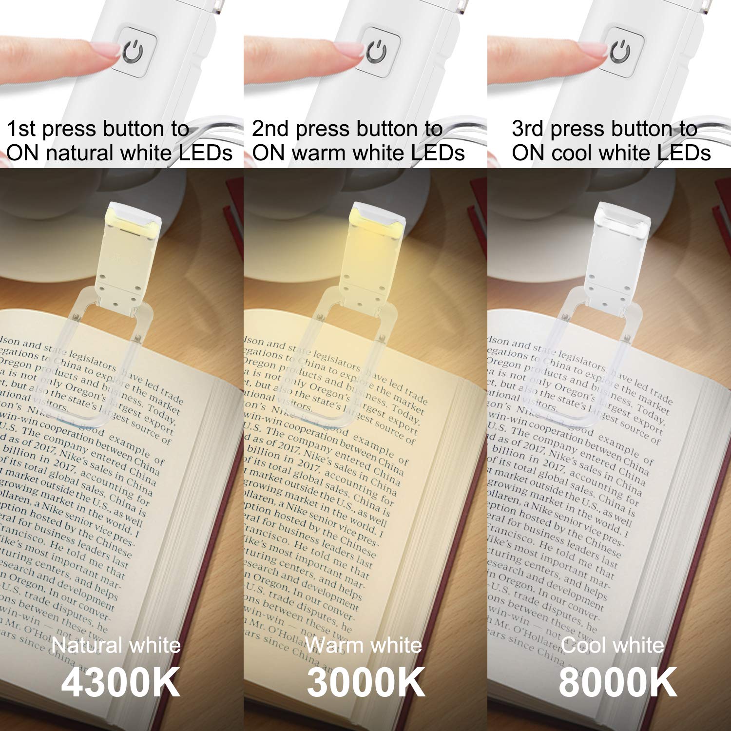 HONWELL Rechargeable Book Light, Clip On LED with 3 Brightness Levels, Portable Reading Lamp, White, Model H008YW-W