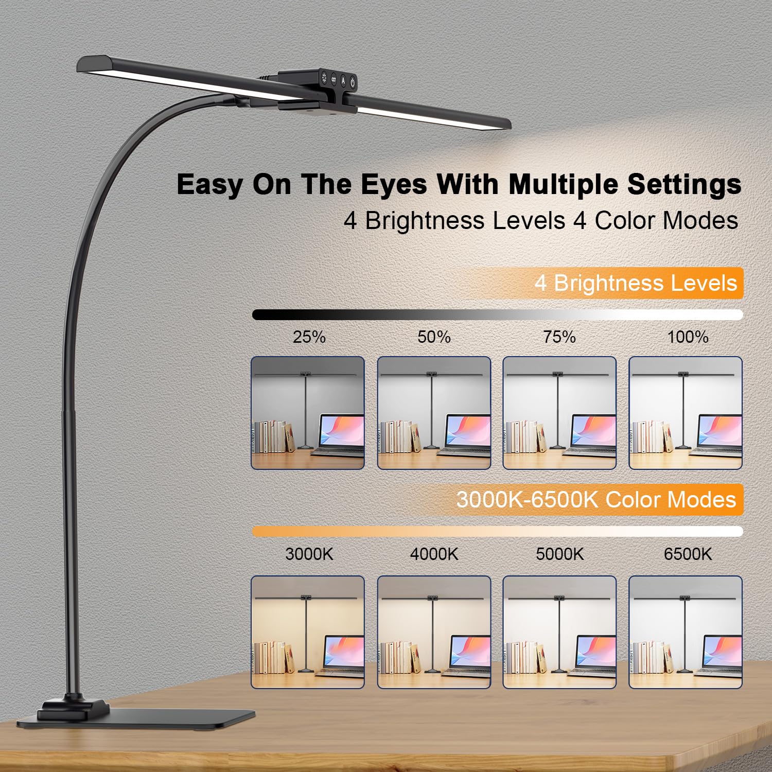EppieBasic LED Desk Lamp - 12W Dimmable, 6 Color Modes, Modern Black Metal Architect Lamp, Model VES2326 for Home Office