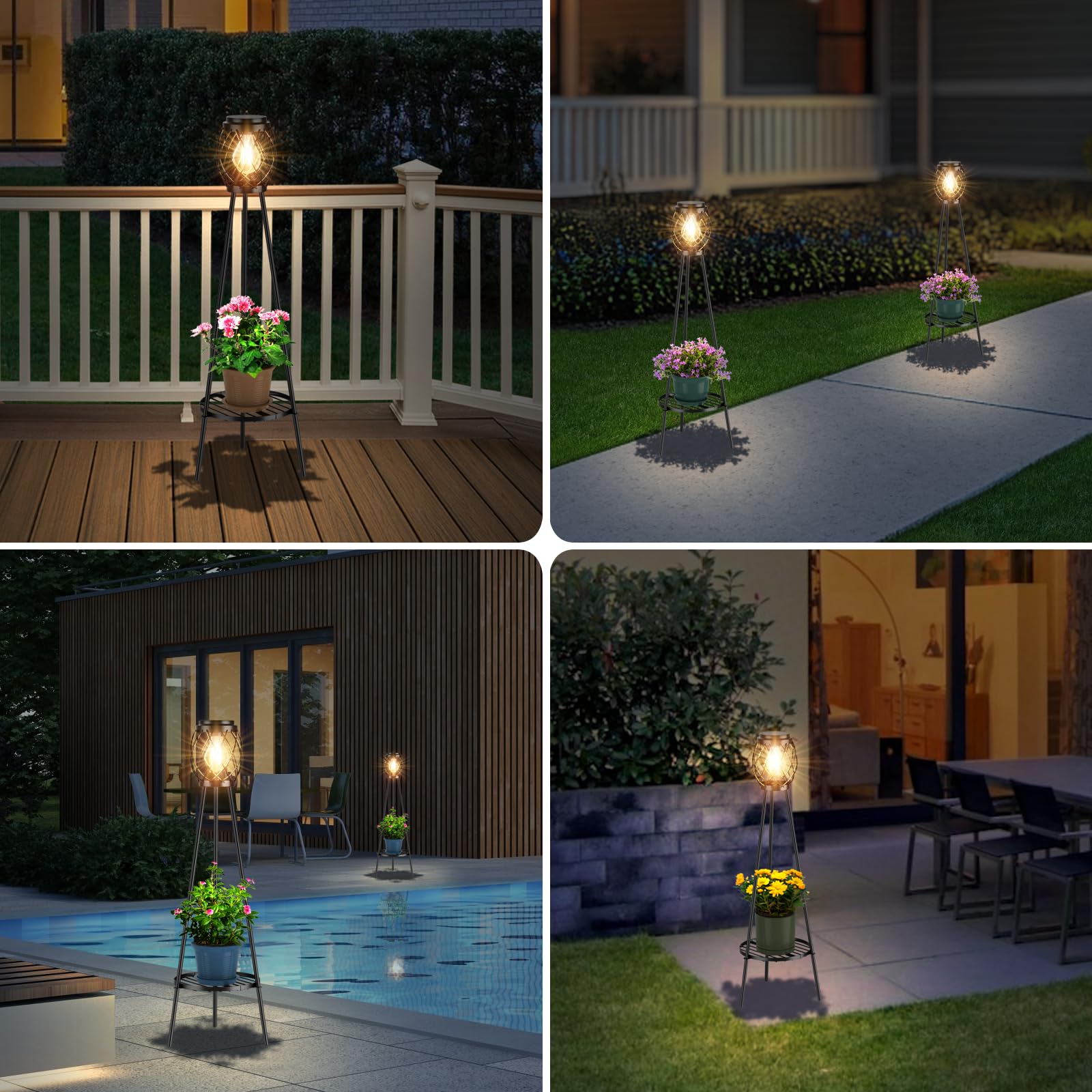 Mxwcy 2 Pack Solar Lights Outdoor With Led Edison Bulbs, Vintage Style Solar Floor Lamp With Plant Stands, Weatherproof Garden L