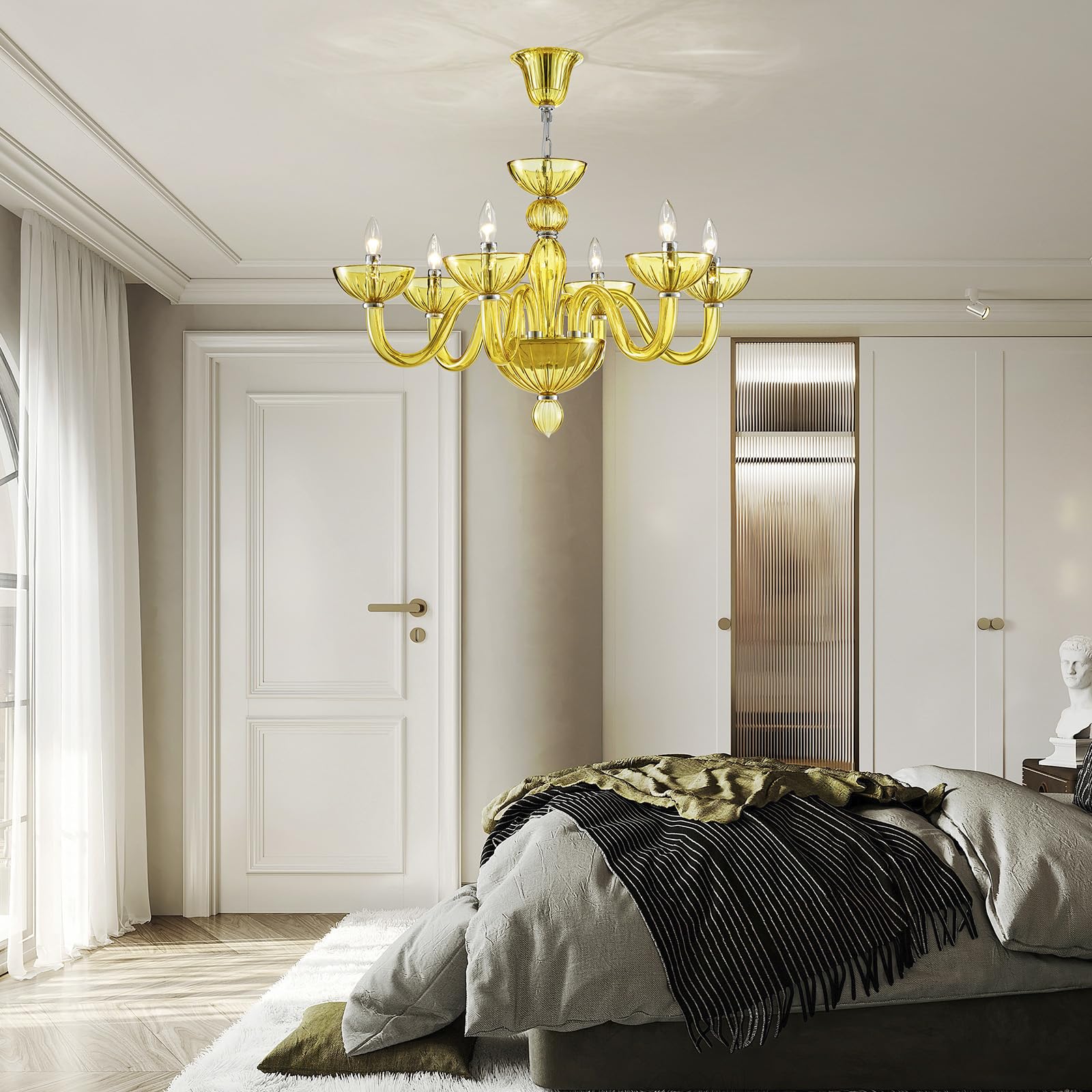 SM Saint Mossi 6-Light Crystal Chandelier, Yellowish Green, E12 Socket, D30xW30xH20, Modern Dining Room Light Fixture