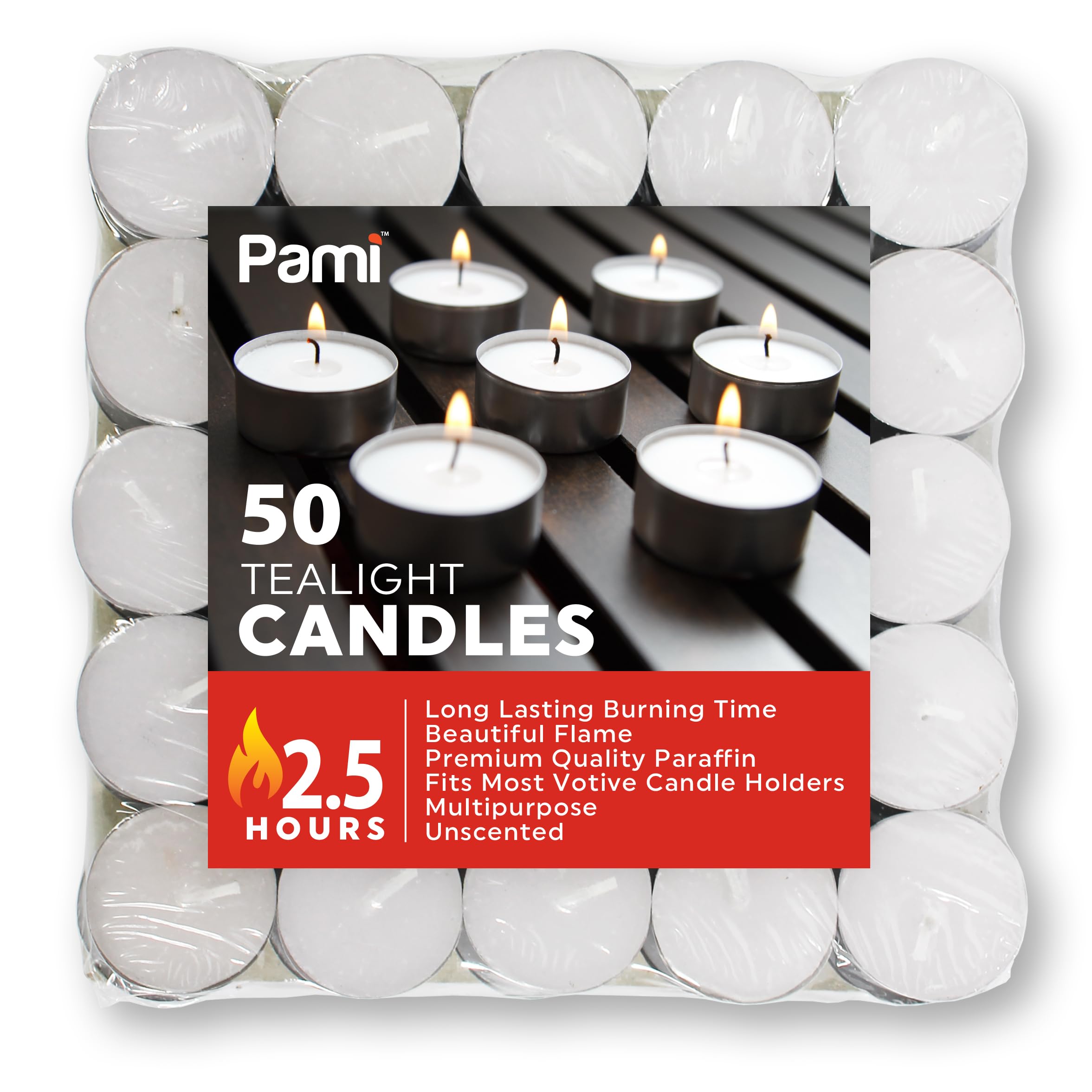 PAMI enhanced Tealight Candles - 50 Pack Unscented Paraffin Wax, 2.5 Hours Burn Time, White