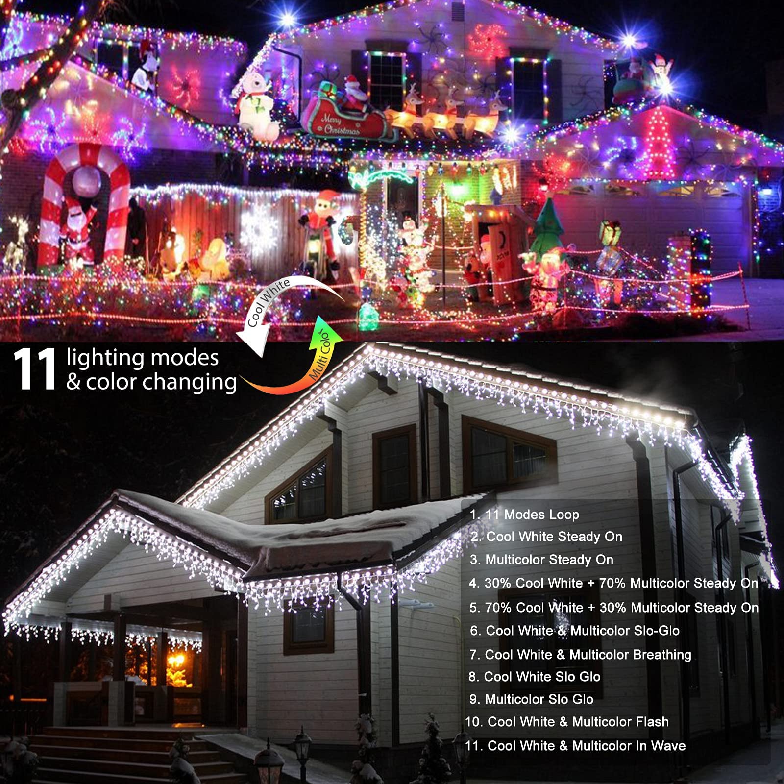 Brizled Color Changing Icicle Lights, 29Ft 360 Led Christmas Icicle Lights With Remote, 11 Modes Cool White & Multicolor Xmas Li