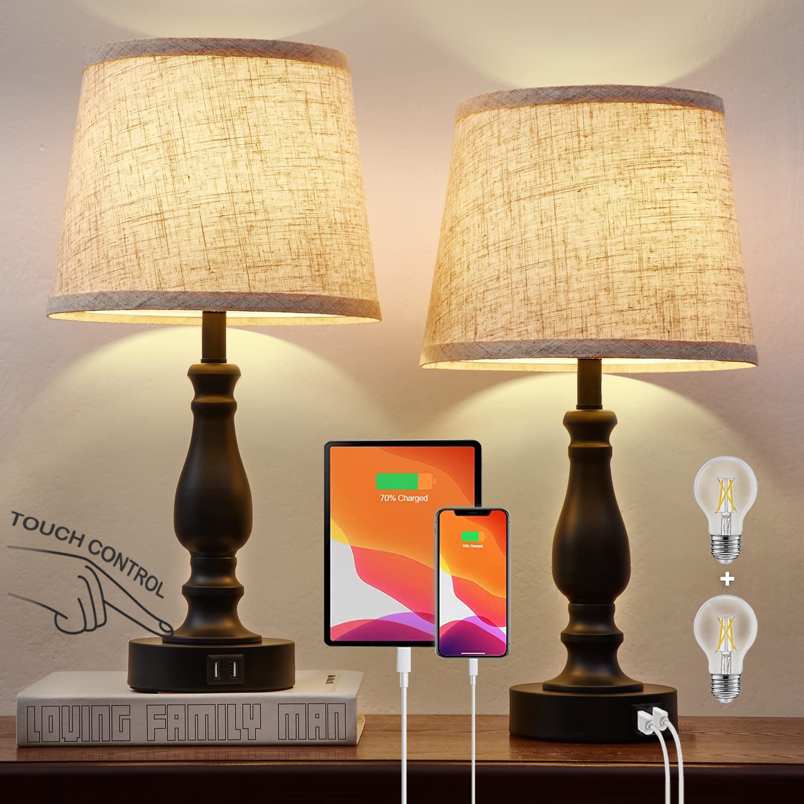 EJIAXIN Table Lamps Set of 2, 3-Way Dimmable Touch, USB Charging, Linen Fabric Shade, Modern Design, Beige and Black Base, Model E-98008A