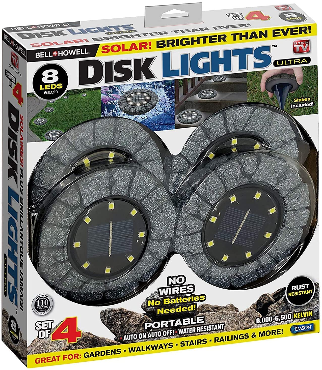 Bell+Howell Disk Lights Solar Ground Lights Stone Dark Gray -Upgraded Wireless Solar Garden Waterproof Lighting 8 Led Bulbs For