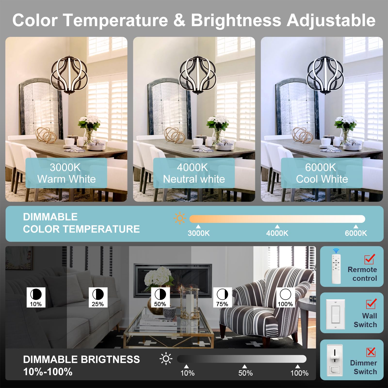 Chying Modern Led Chandelier 10-Light Remote Control Black Chandeliers 3000K-6000K Dimmable Pendant Light For Dining Room Kitche