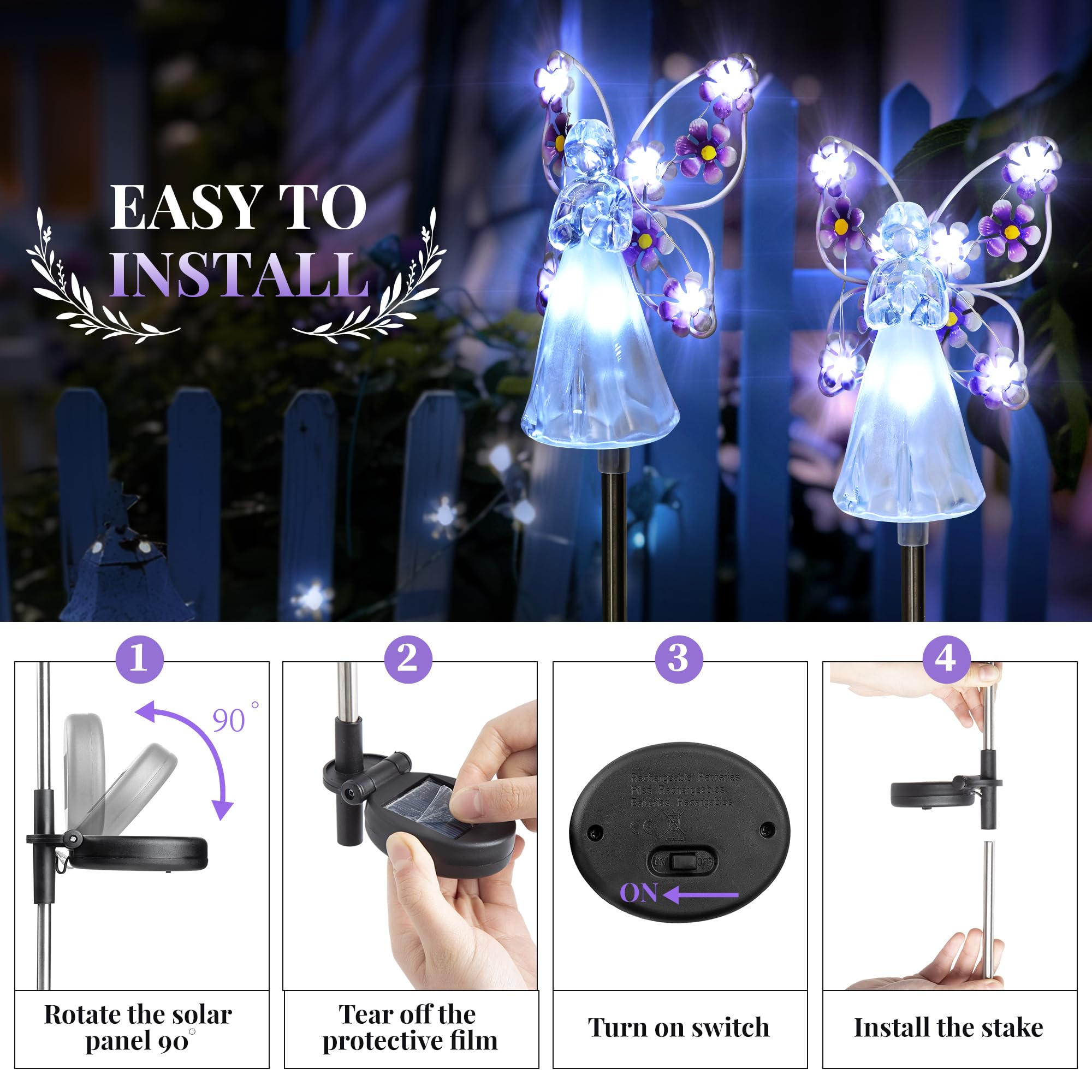 GIGALUMI Solar Angel Garden Stake Lights - 2 Pack, Cold White, Model 8392, 7 LEDs for Memorial and Garden Decorations