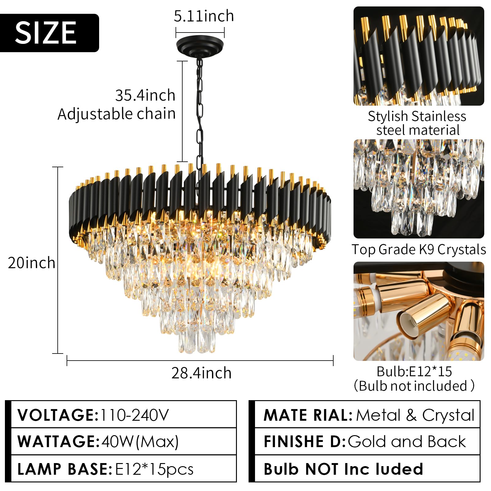 AKDXIRUN Modern Crystal Chandelier 15-Light Round Pendant Light W29” Black and Gold for Dining Room, Foyer, Staircase - Model XR00165