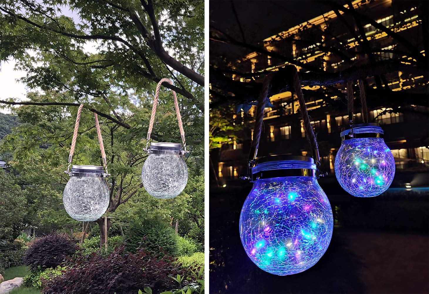 KIMI HOUSE Solar Powered LED Hanging Lights, Waterproof  ed Glass Ball Lanterns for Outdoor Garden, Colorful, 2 Pack