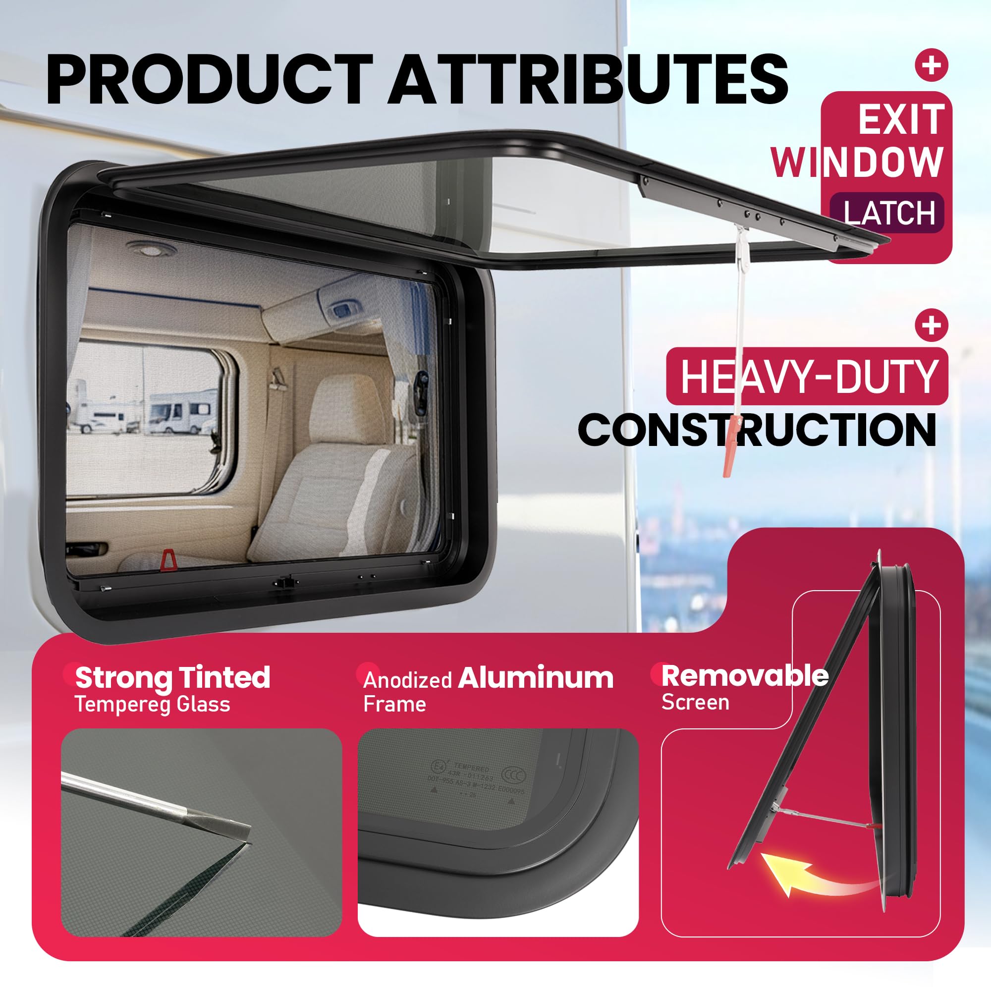 WUTIST RV Exit Window 30"W x 20"H Push Out w/Screen & Trim Ring, Dark Tinted Aluminium Tempered Glass, Black Frame & Mesh Screen, Model GO-5158