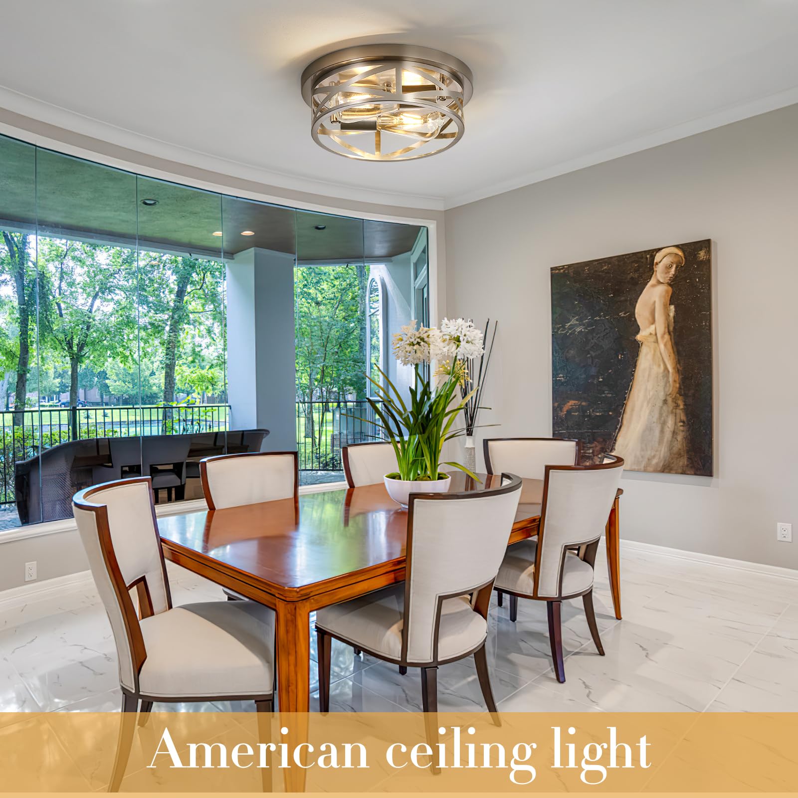 Flush Mount Ceiling Light Fixtures, Modern Indoor Brushed Nickle Close To Ceiling Light, 11 In Metal Black Cage Rustic Industria