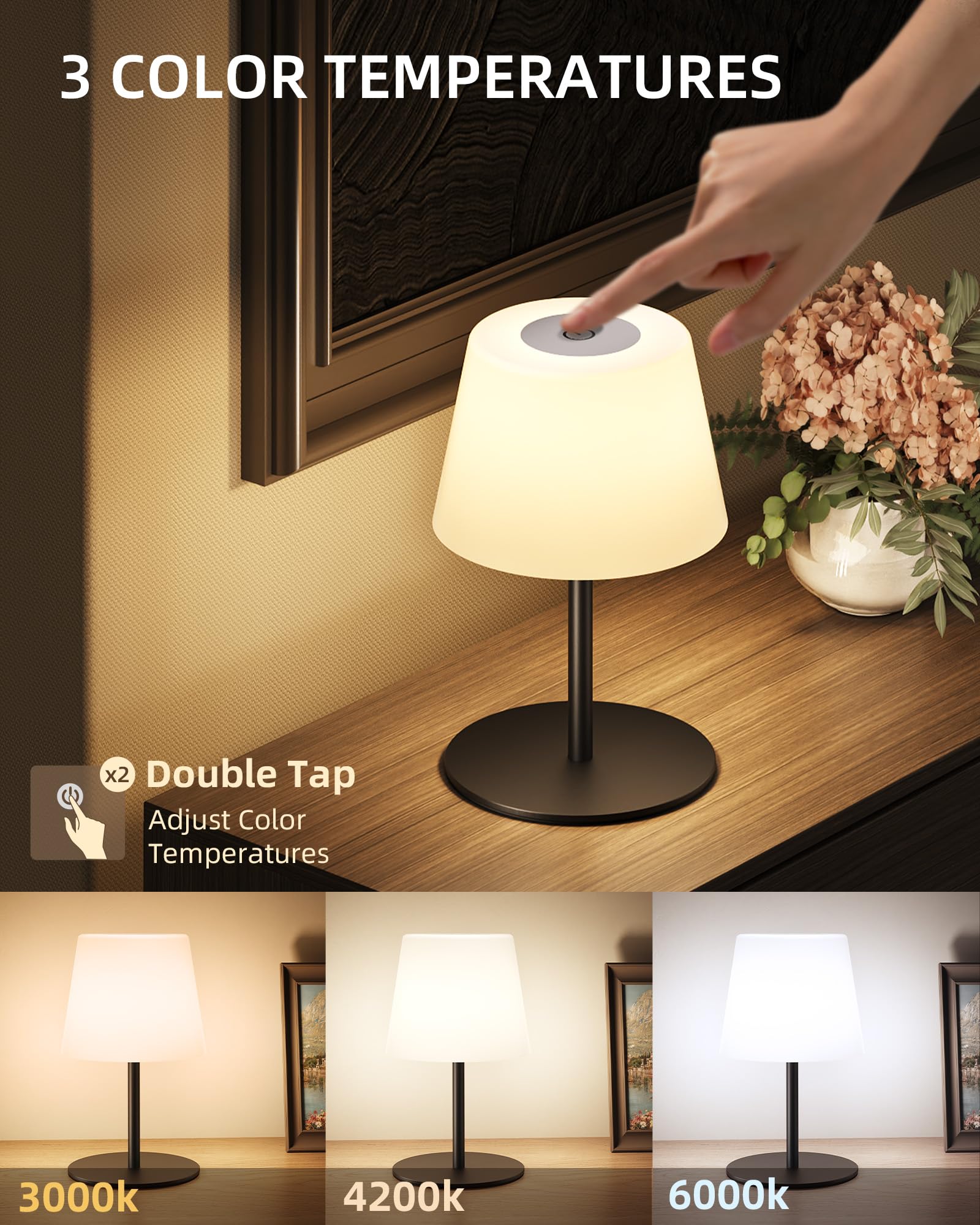 EZVALO Cordless Outdoor Table Lamp, IP65 Waterproof, Dimmable Touch, 4500mAh Rechargeable, 1 Pack, Black