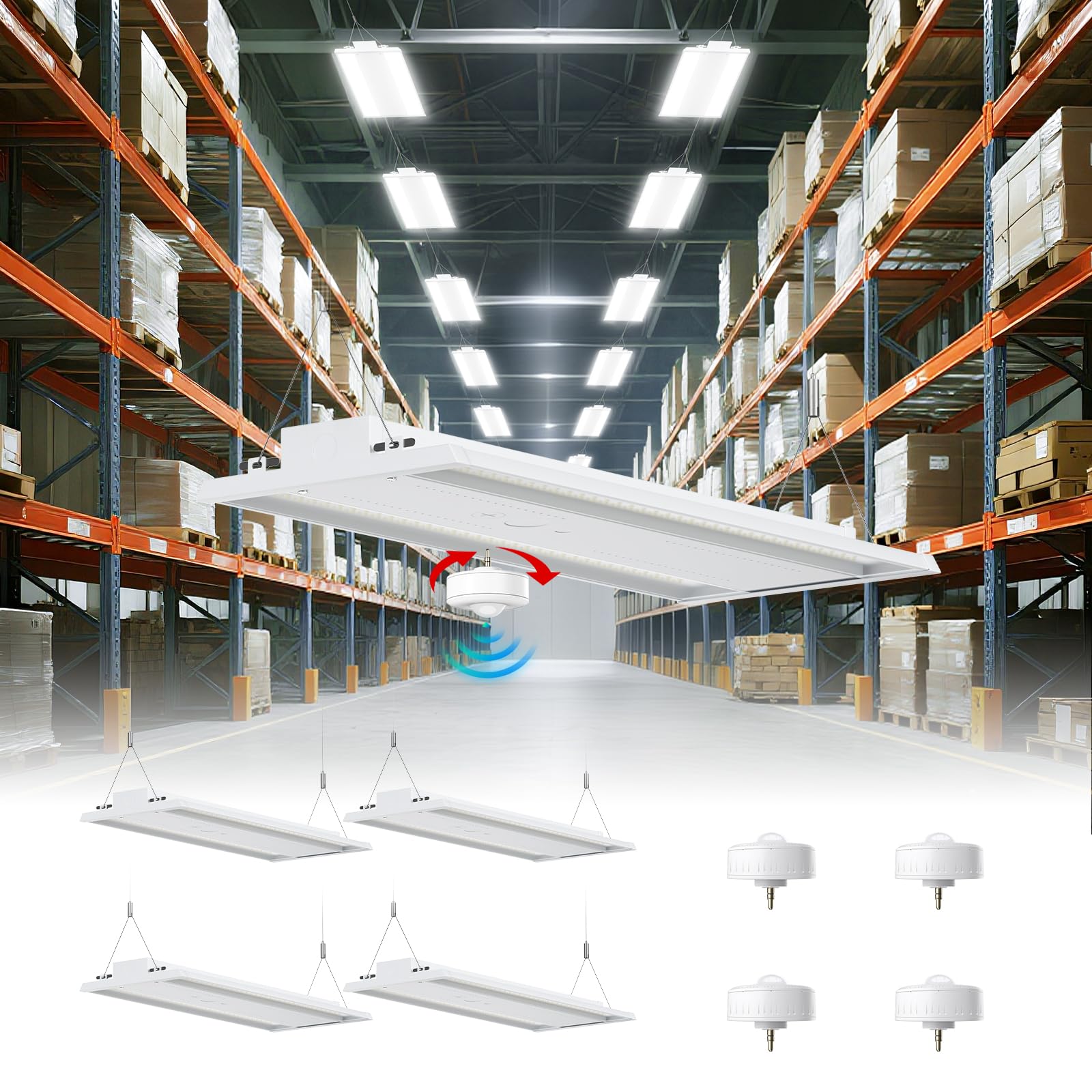 Led Linear High Bay Shop Light With Motion Sensor 300W  Larger Central Lighting Area  45000Lm  120-277V  0-10V  5000K  Commercial Linear High Bay Led Shop Lights For Warehouse Industrial  4 Pack  Ul