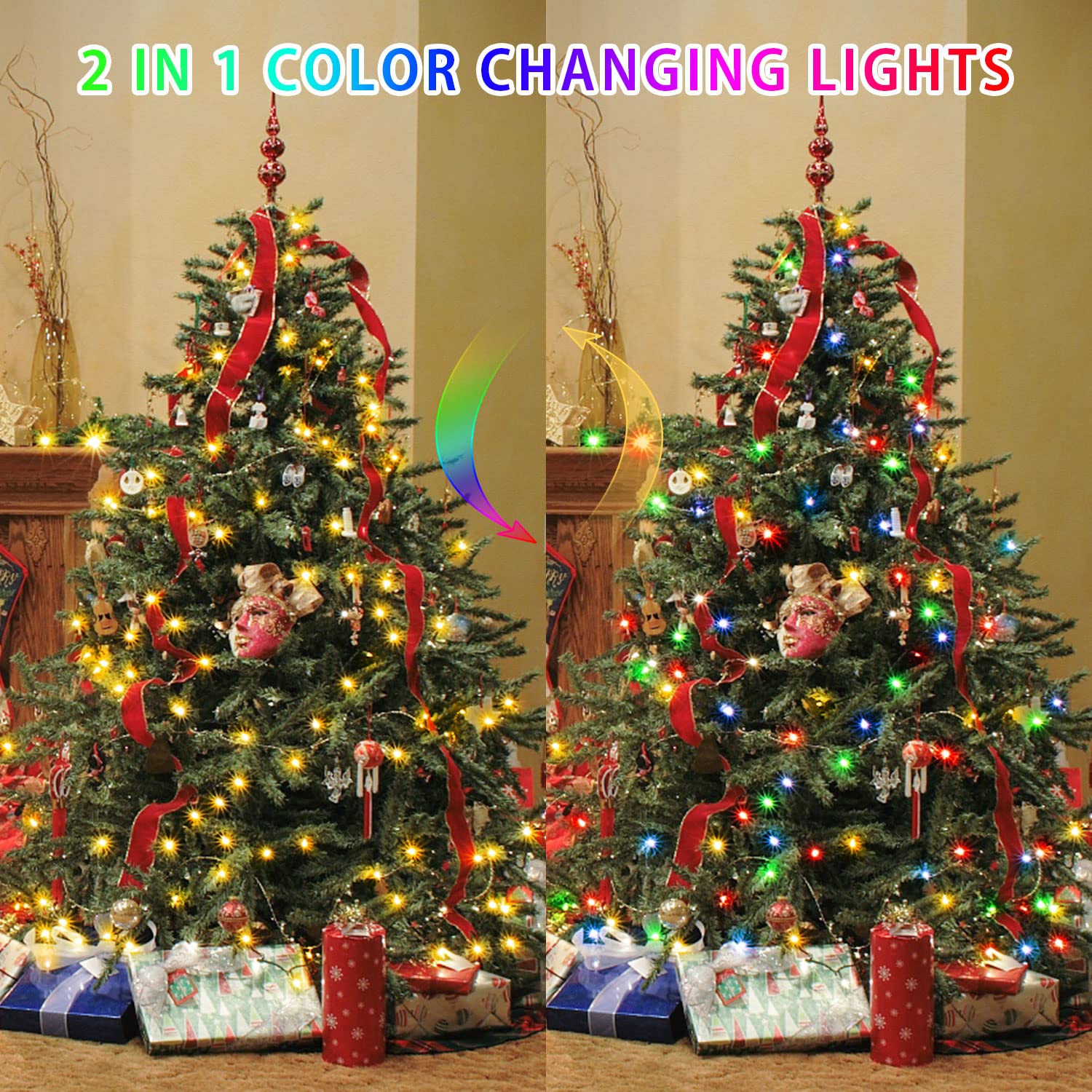 JMEXSUSS Color Changing Fairy Lights, 100 LED, 33ft, Battery Operated, Warm White & Multicolor, Model EXS-S-100-WWM