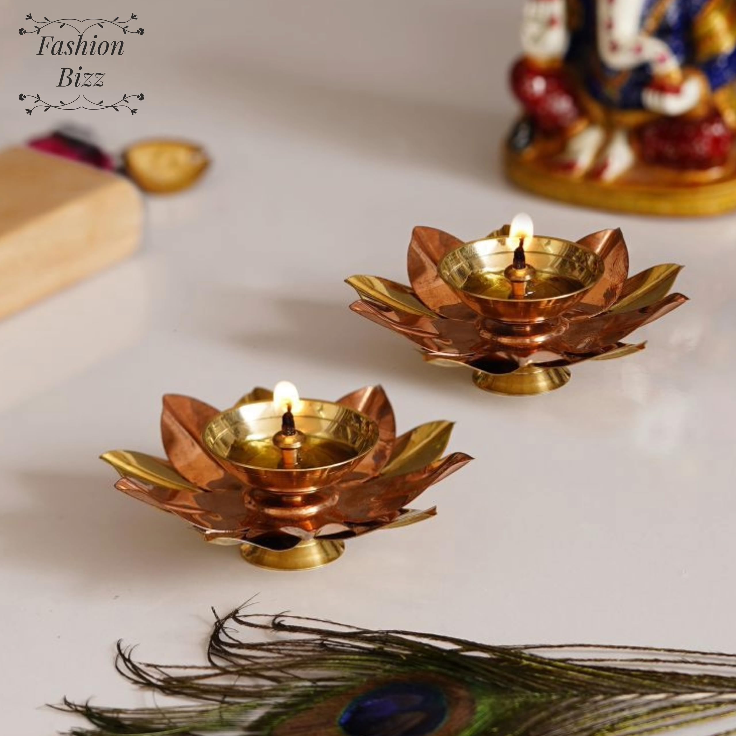 Fashion Bizz Brass and Copper Akhand Lotus/Kamal Diya (Set of 11 Pcs) Akhand Jyot | Magical Lantern Brass Diya | Decorative Bras