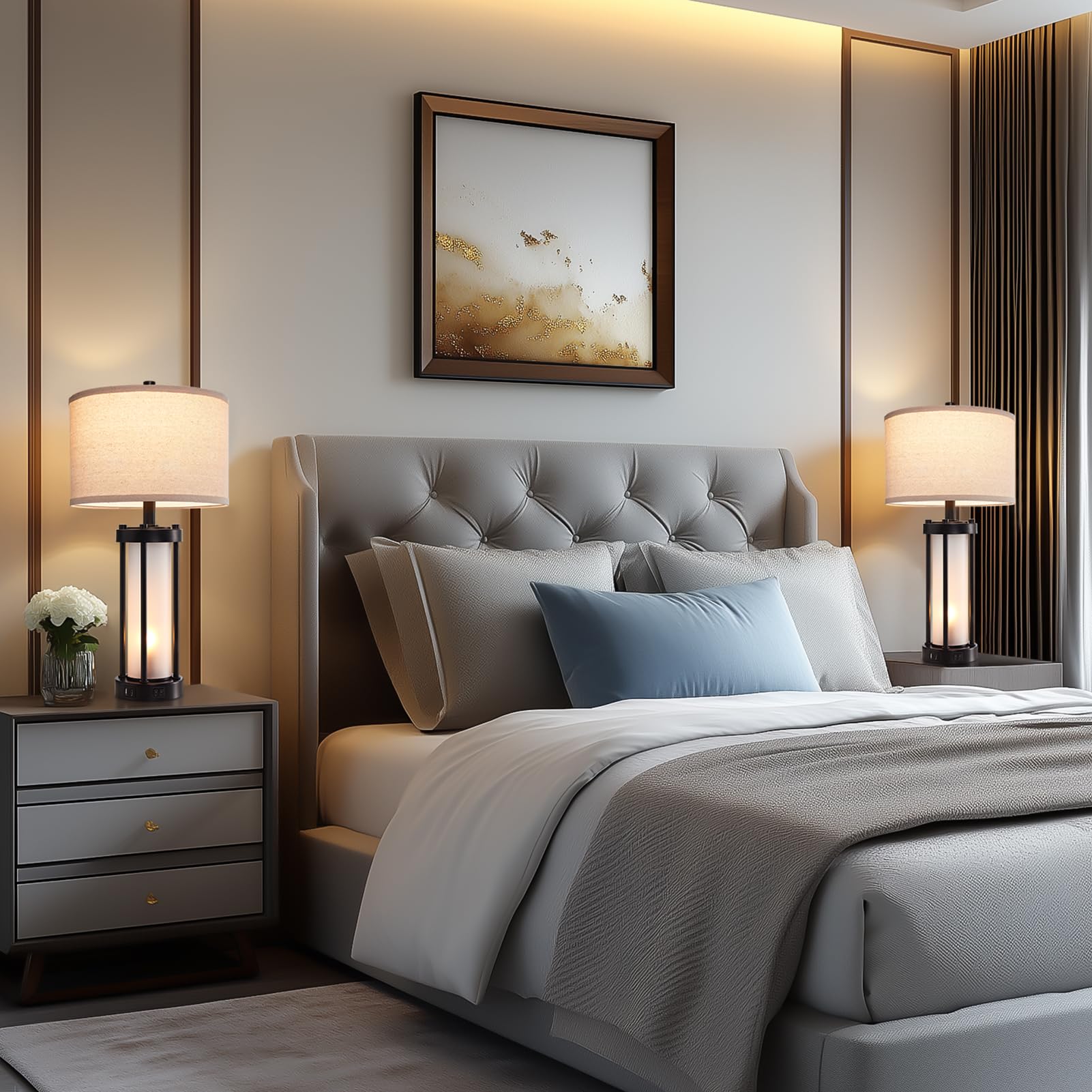 Modern Table Lamps For Living Room, Industrial Beside Lamps With 2 Usb Ports, Rustic Nightstand Lamp With White Frosted Glass Ni