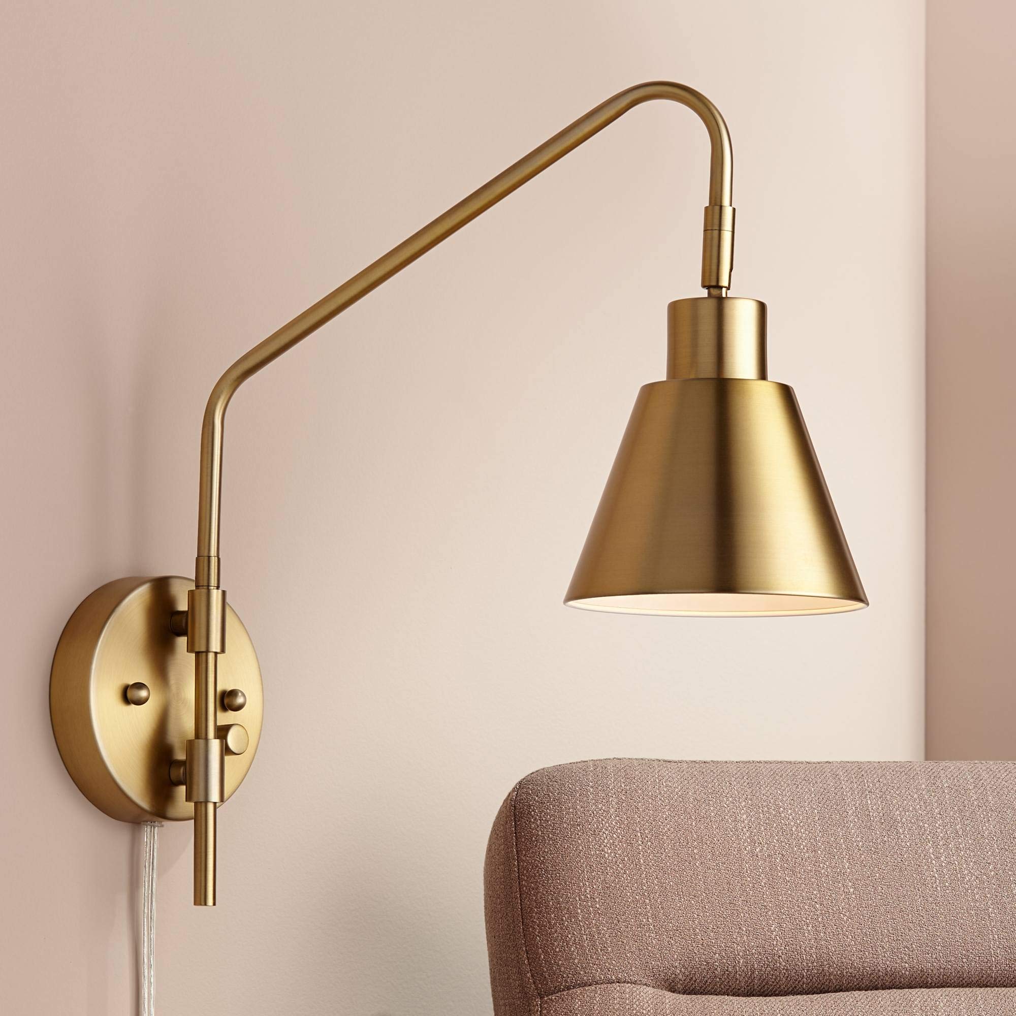 360 Lighting Marybel Adjustable Swing Arm Wall Lamp Dimmable Antique Brass Plug-in Light Fixture Downlight Shade for Bedroom Bed