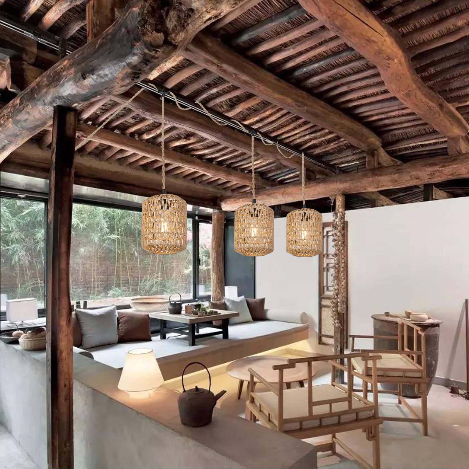 Alaislyc Rattan Plug-In Pendant Light With 3 Lights & On/Off Switch - Boho Wicker Chandelier