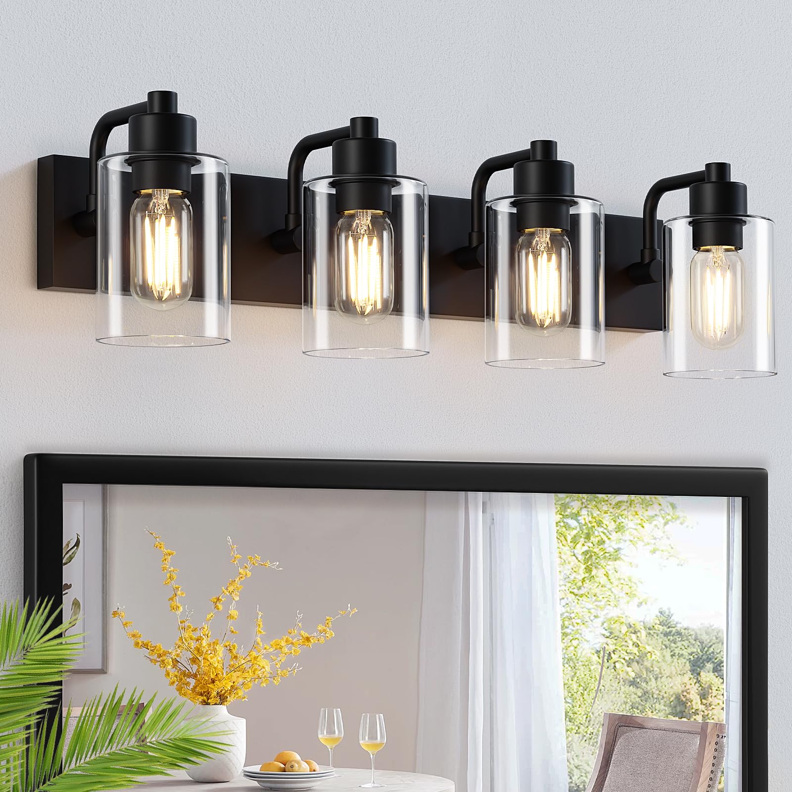 Dpyrrhic Bathroom Vanity Light, Modern Matte Black 4-Light Bathroom Lights Over Mirror With Clear Glass Shade,Wall Sconces For B