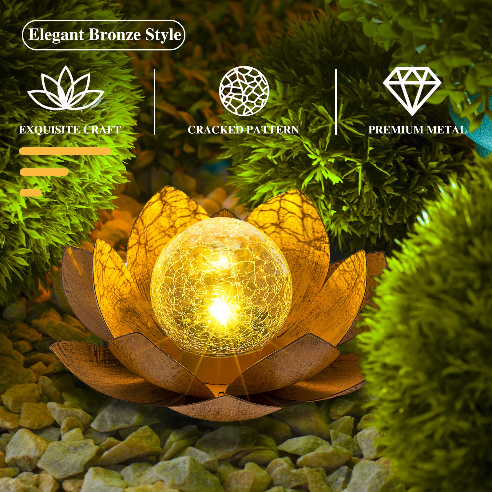 Aiiny Solar Light Outdoor(2Pack), Art Crackle Globe Glass Lotus Decoration, Solar Led Waterproof Metal Flower Lights For Patio,L
