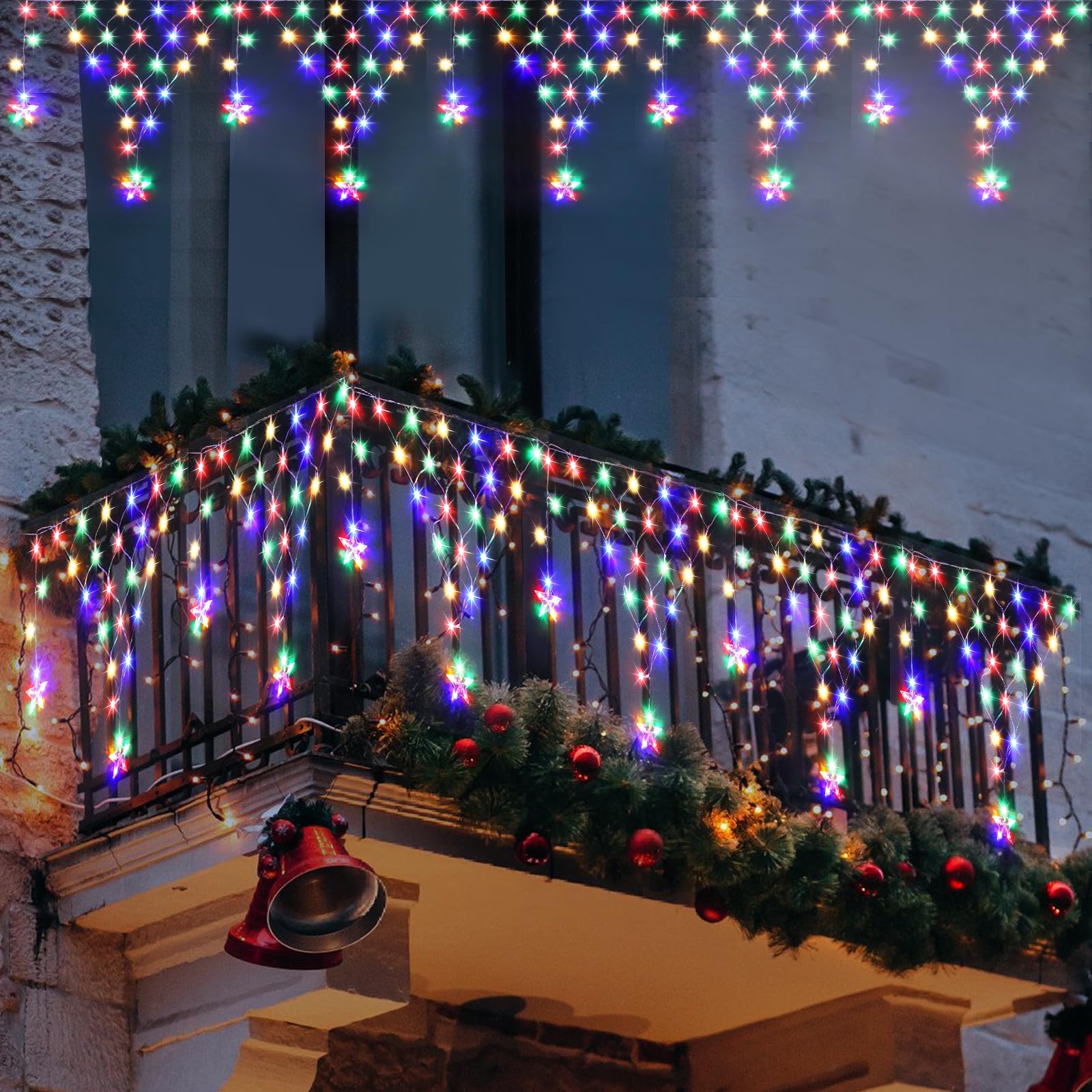 Christmas Lights Outdoor Decorations 218 LED 13.8ft Curtain Fairy Lights with 12 Drops, Clear Wire LED String Light Decor with 8