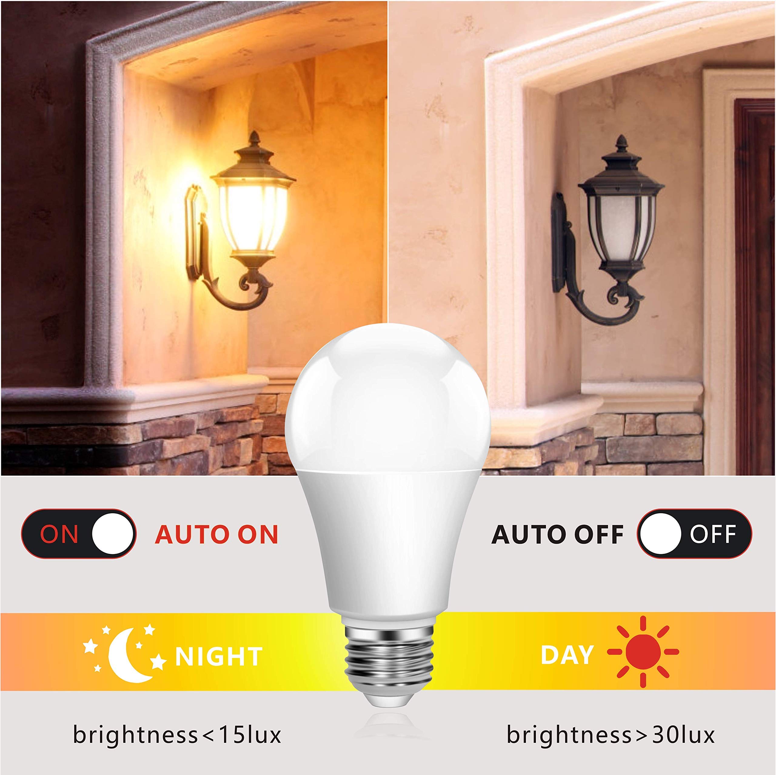 Torkase 13W Dusk to Dawn LED Light Bulbs, 1100lm, 6000K Daylight, E26 A19, 2-Pack, Automatic Sensor, Model Q