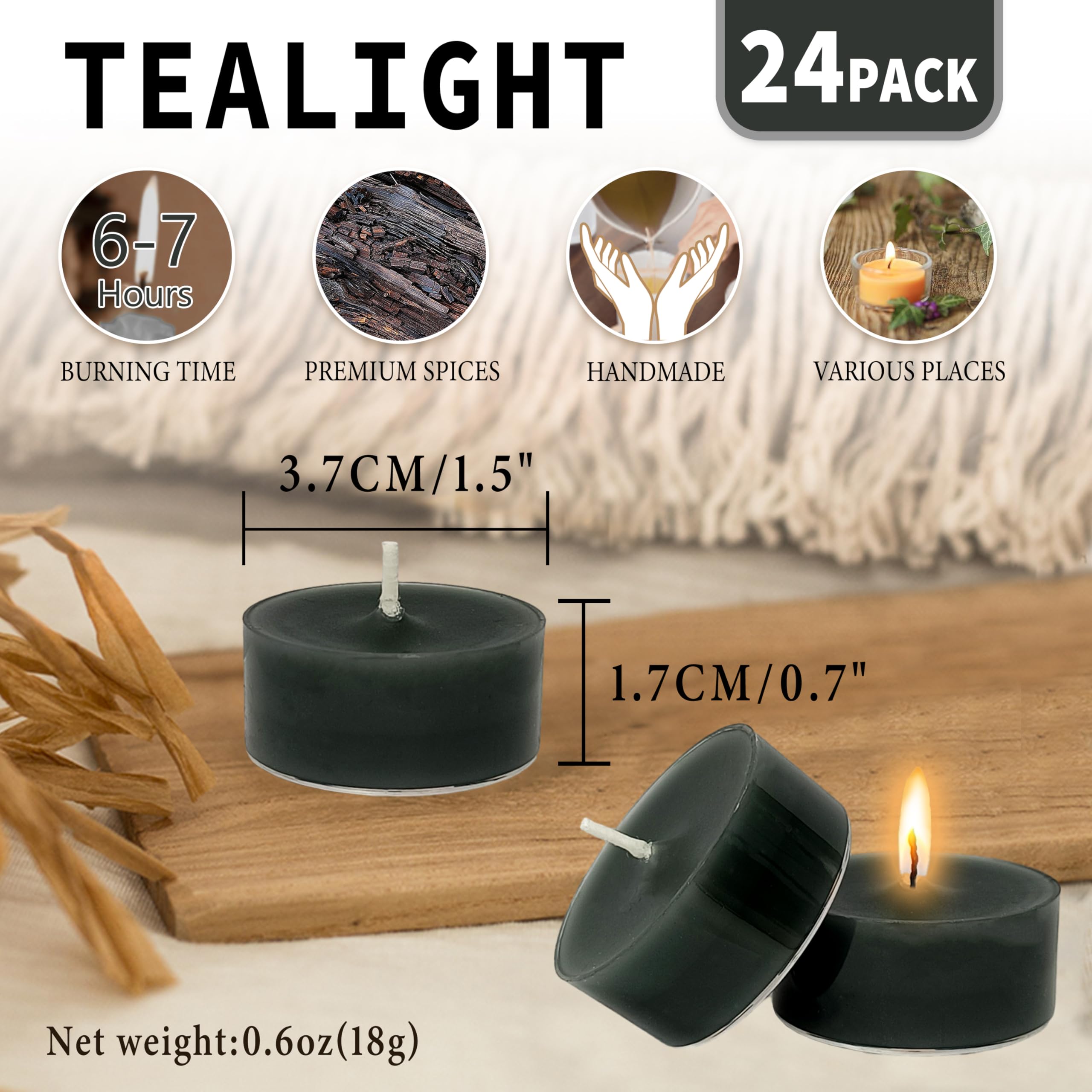 Smoked Sandalwood Scented Tealight Candles, Black Scent Tea Lights Candles Clear Cup, 24 Pack Colored Tealights Candle, 6 Hour B