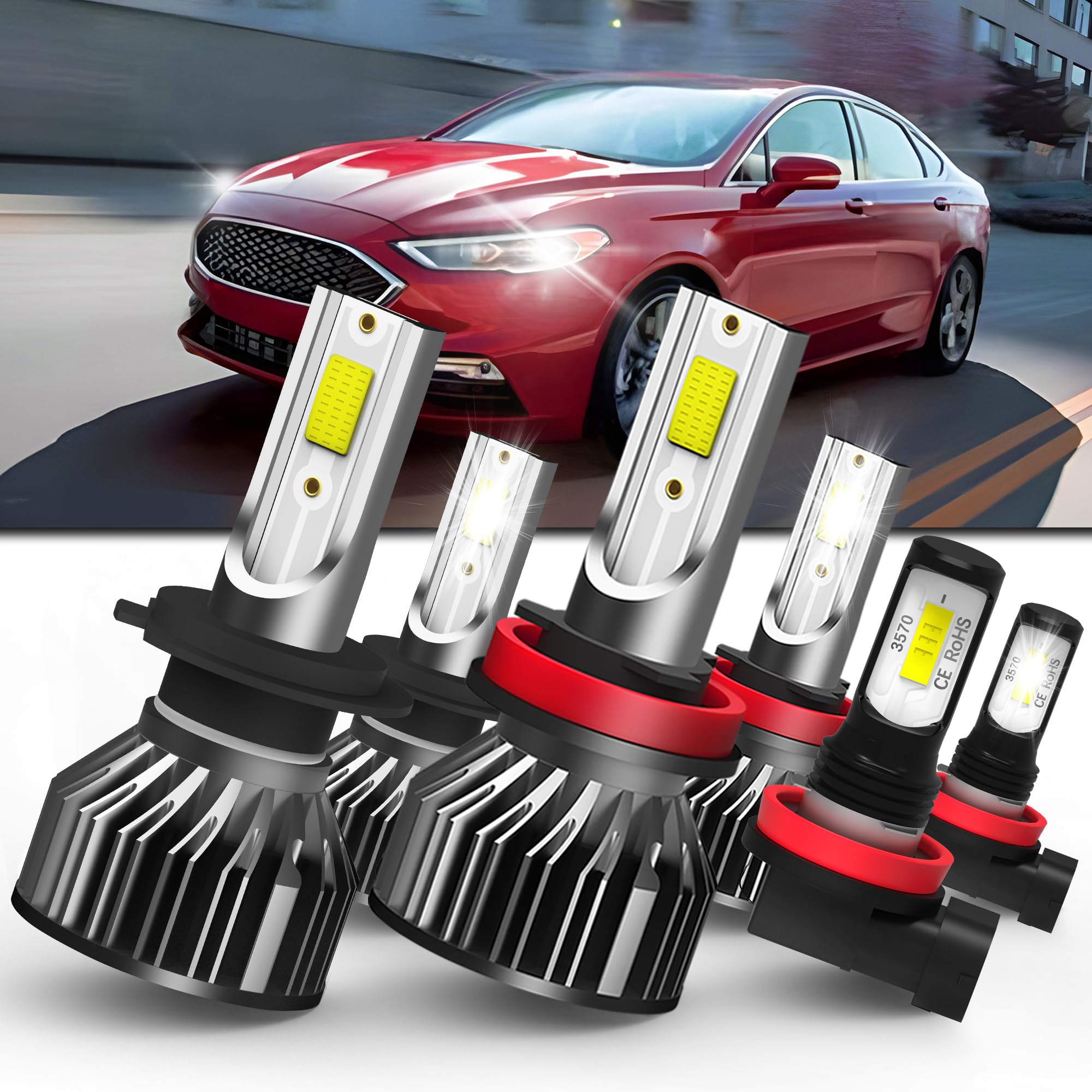SPBRTBUB fit for ford fusion (2006-2012) LED Bulbs H7 High Beam + H11 Low Beam+ H11/H8 Fog Lights Bulbs Kit, Super Bright 6500K,