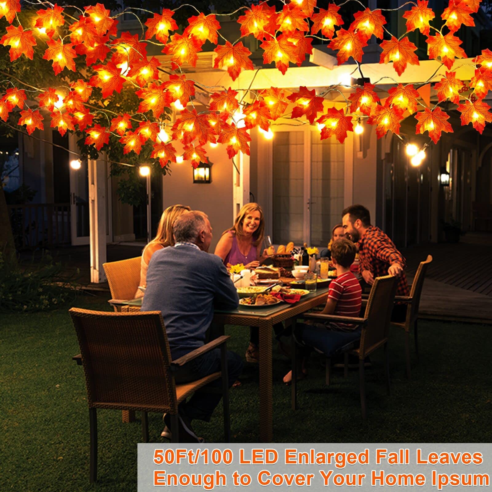 5 Pack Thanksgiving Decor Enlarged Maple Leafed Fall Garland With Lights, 50 Ft/100 Led Thanksgiving Garland Thanksgiving Lights Waterproof Battery Operated Fall Autumn Harvest Outdoor Indoor Home