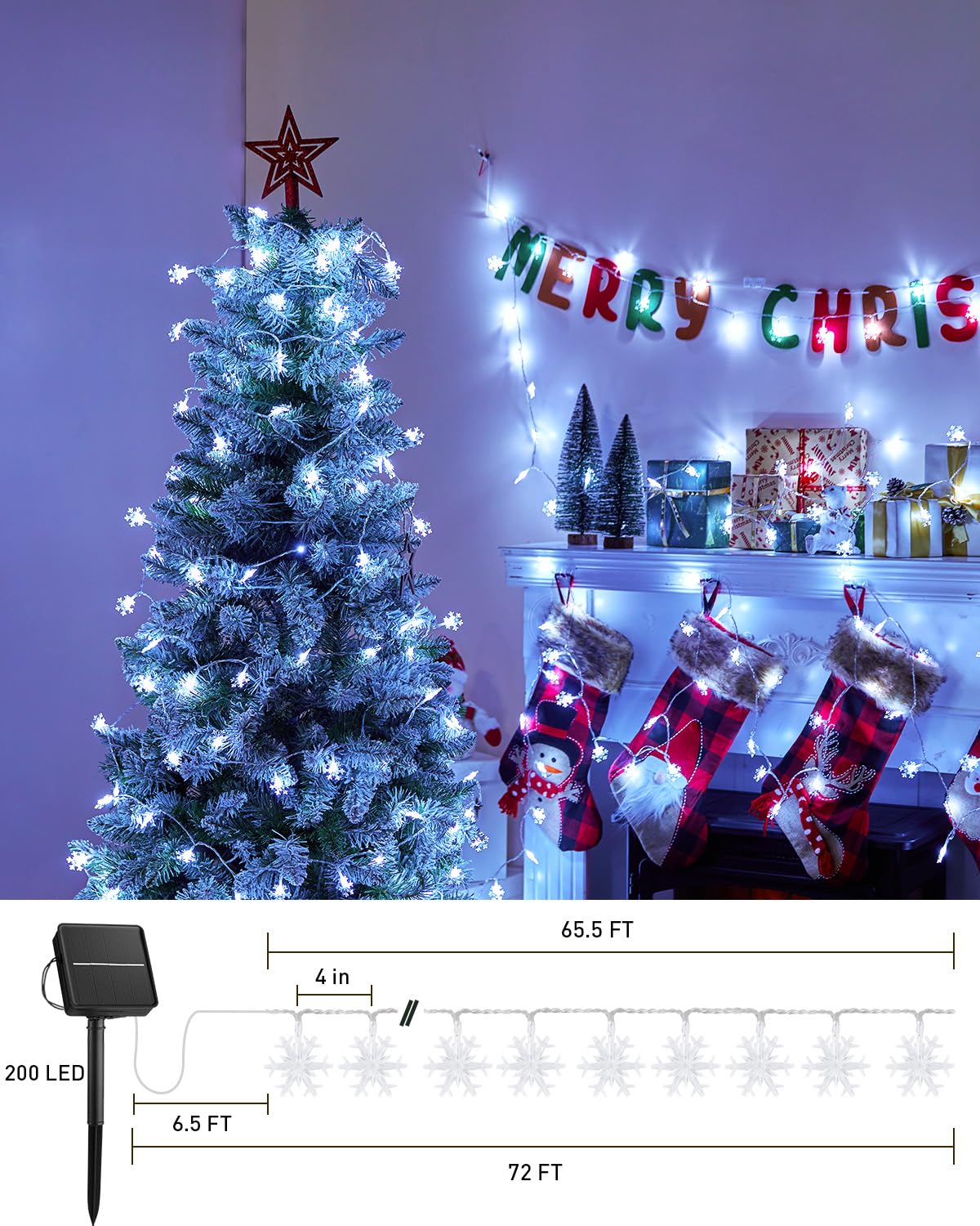 Brightown Solar Snowflake String Lights, 72FT 200 LED, Waterproof, 8 Lighting Modes, Pure White, Model SOLAR-SNOWFLAKE-200LED-PW
