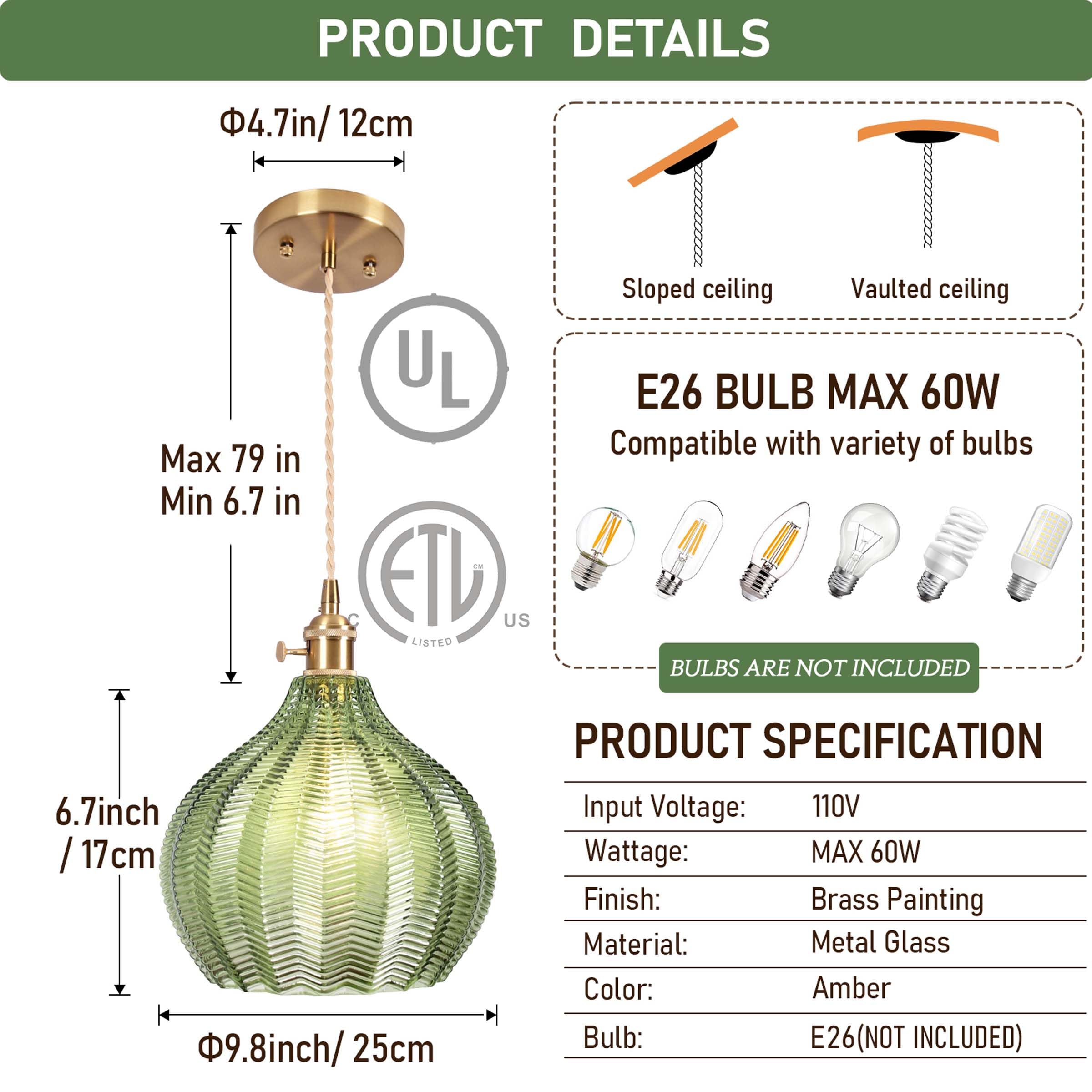 Loiogohot Glass Pendant Light Vintage Light Fixtures,Green Modern Chandelier Pendant,E26 Pendant Lights Kitchen Island,9.8'' Han