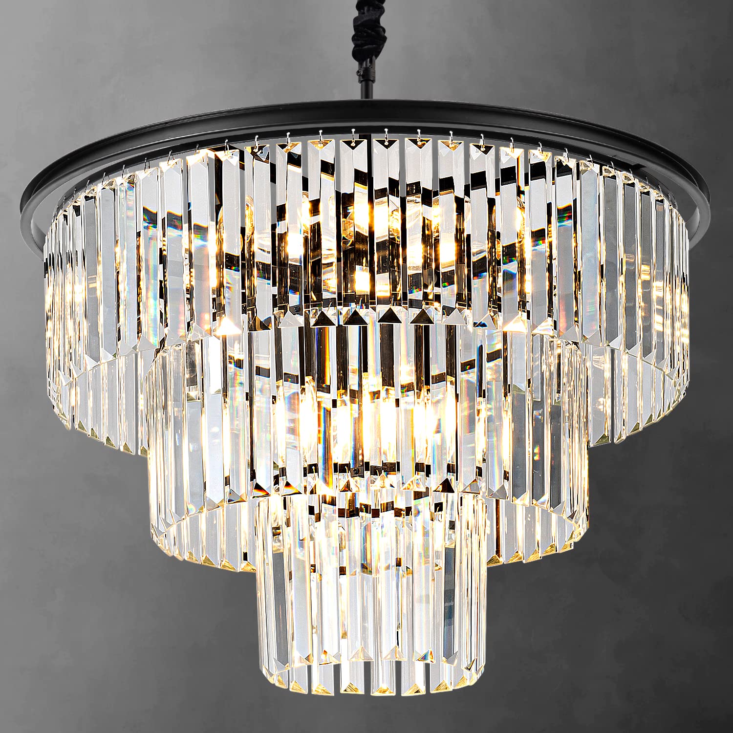 Brfaixla 12 Lights 23.64 Black Modern Crystal Chandelier Crystal Pendant Ceiling Light Fixture 3-Tier Hanging Lighting For Dinning Room Bedroom Living Room Foyer