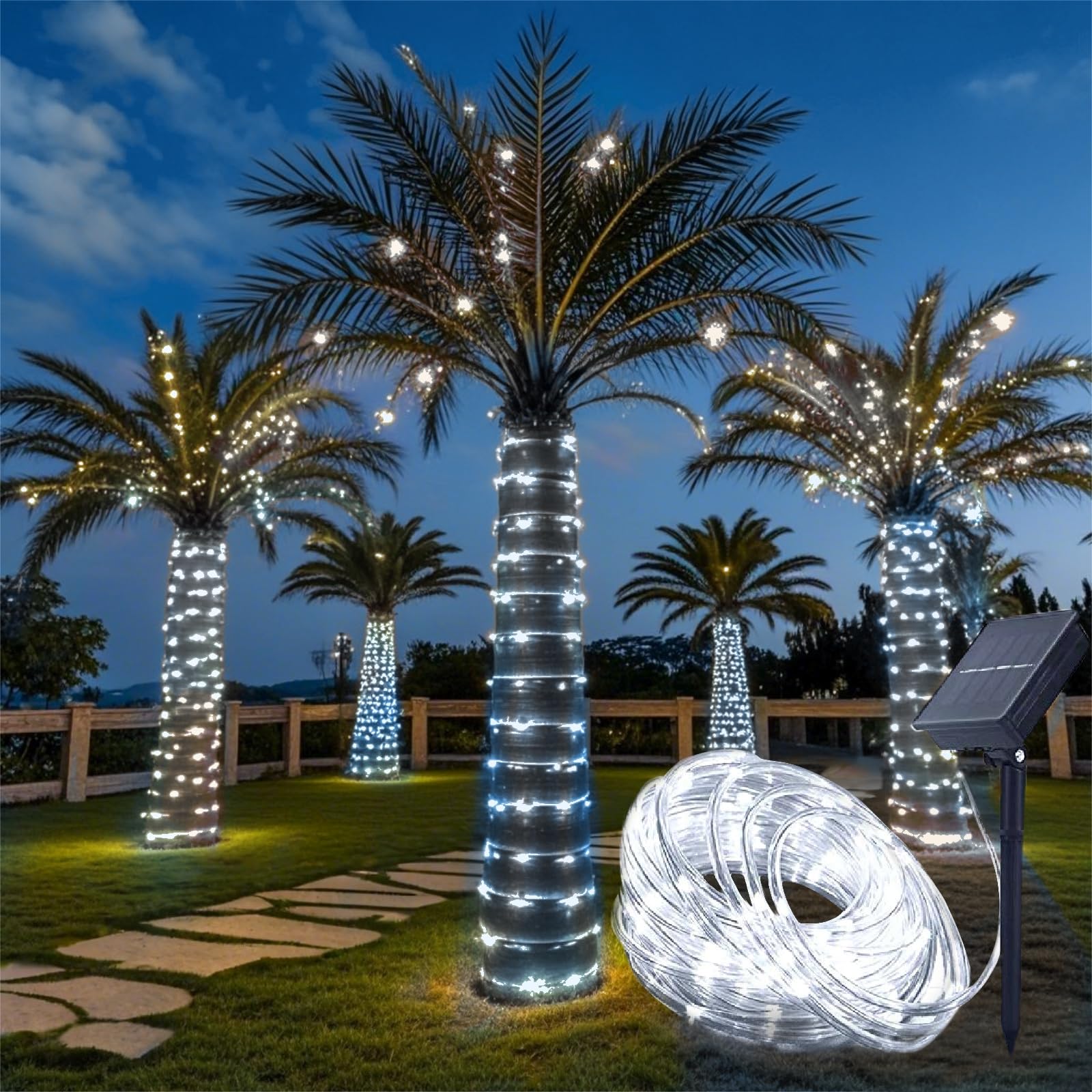 Honche Solar Rope Light 33FT LED Copper Fairy String Lights IP65 Weatherproof Cool White for Outdoor Garden Party Decor