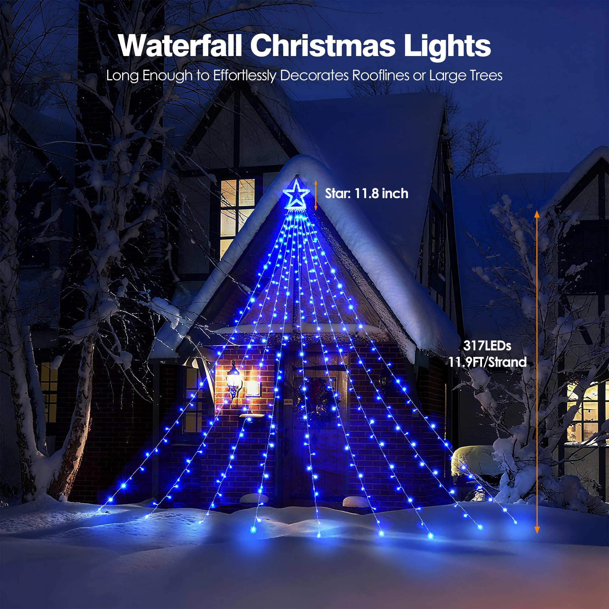 Blctec Outdoor Christmas Decorations 317 Leds Christmas Lights With 9 Strands 11.9Ft Waterfall Christmas Tree Lights  8 Modes  Ul Certified  Waterproof  Topper Star & Timer For Yard Patio D?Or  Blue