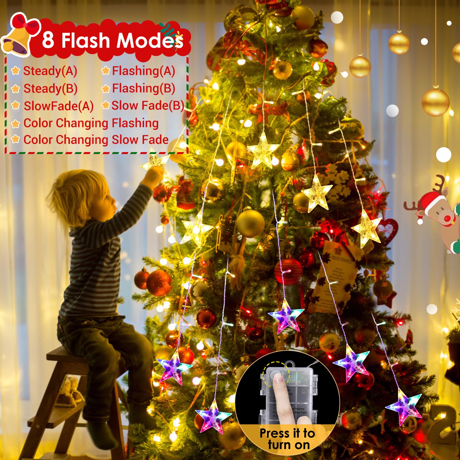 Elktry Star Christmas Decoration - 36 LED Indoor Waterproof String Lights, Warm White & Multicolor, Battery Operated, Timer, Model NS-BO-3-FT-36-IP44