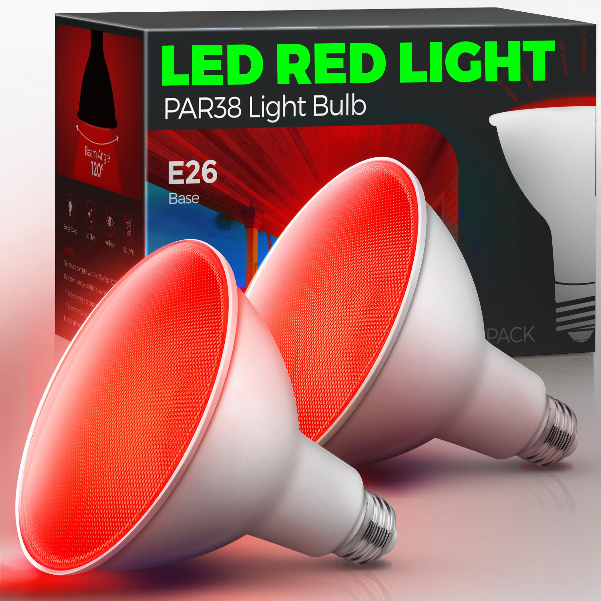 Lohas Par38 Red Flood Light Bulbs, Christmas Bright Red Led Flood Light Outdoor 120W Equivalent, Dimmable, 18 Watt Colored Porch Light Bulb, E26 Base For Home Holiday Lighting Party Decoration, 2 Pack