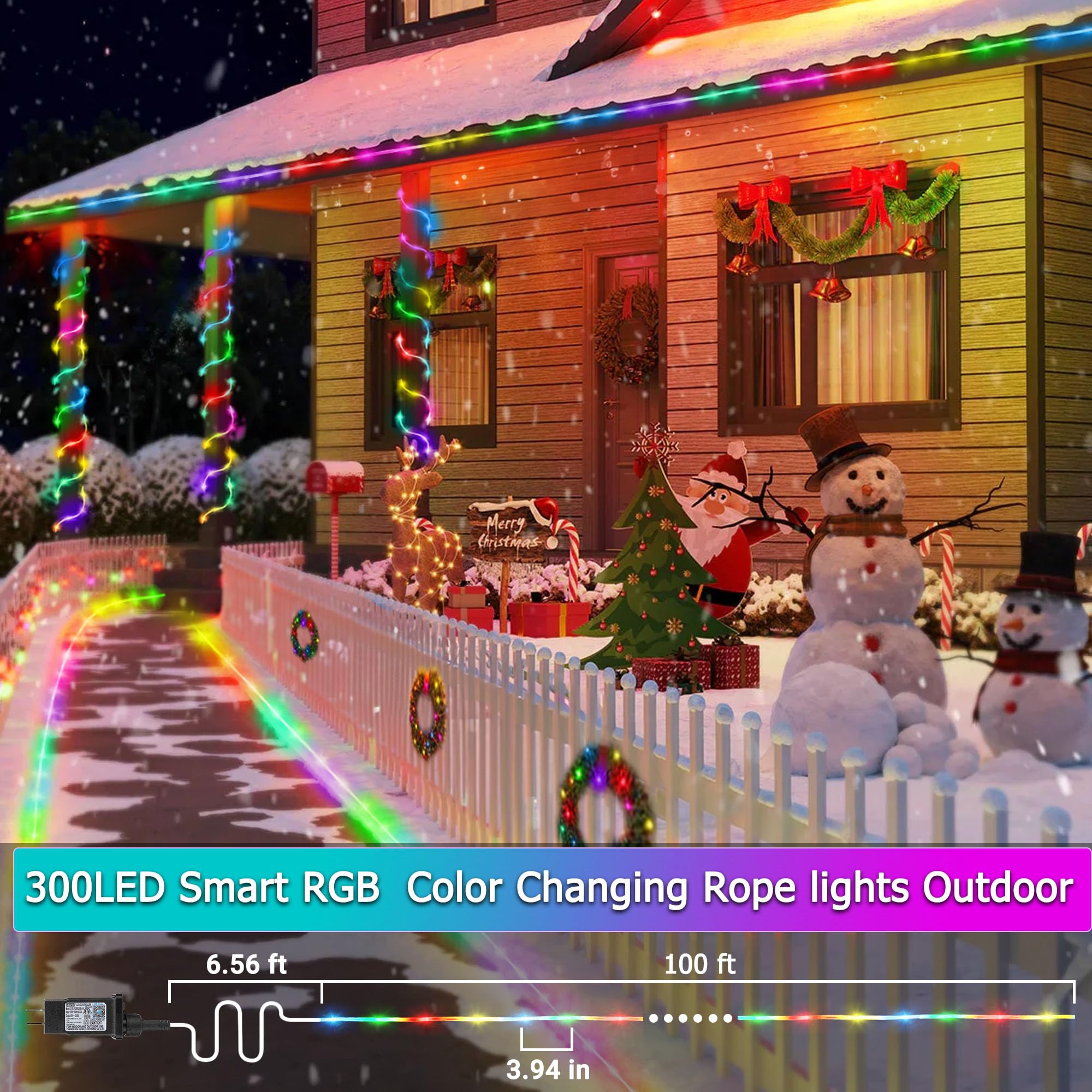 Jnaurb Rgb Color Changing Rope Lights Outdoor  100Ft 300Led Smart String Lights With Remote & App Control  Waterproof Music Sync Rope Lighting - Diy Flexible Tube Led Lights For Bedroom Garden Wedding