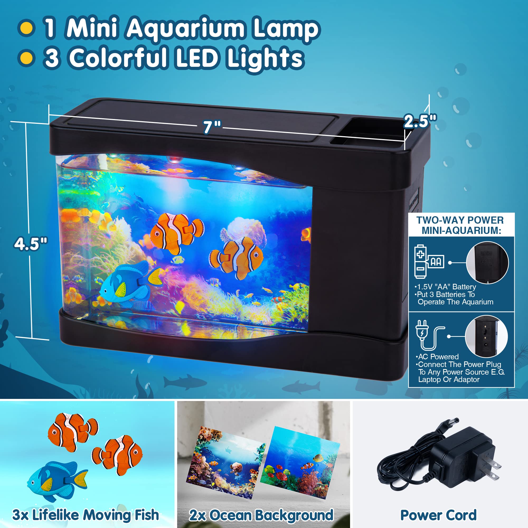 Nurily Artificial Fish Tank Lamp - Mini Desk Aquarium with 3 LED Lights, Moving Bubbles, Clear Plastic, Model WF01